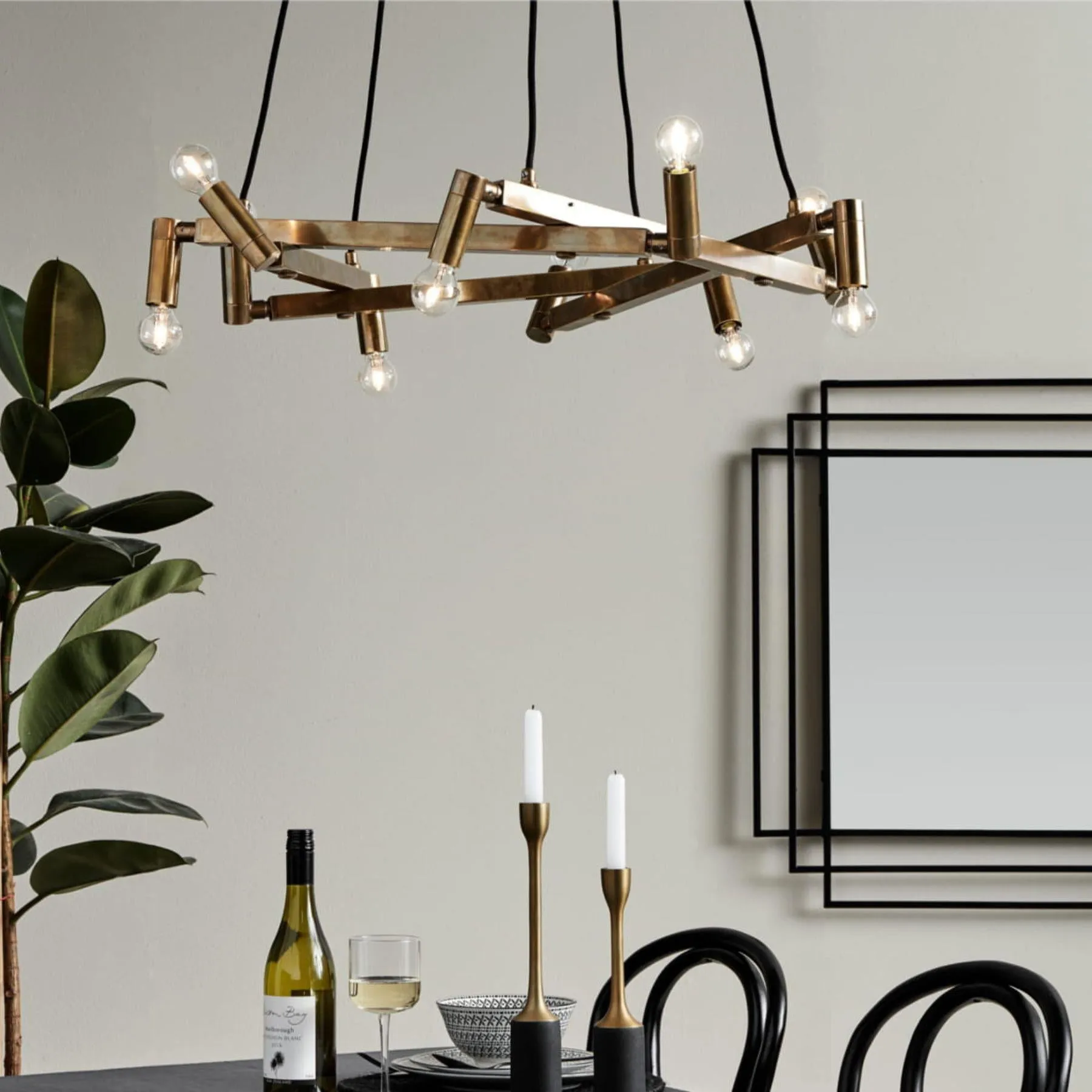 10-Light Chandelier with Squared Rods - Brass