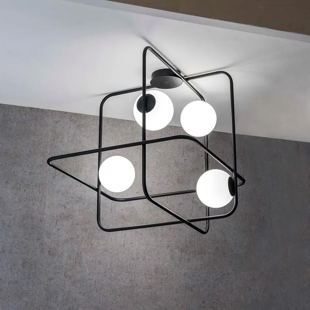 4-Light Ceiling Light with Globes - Black, Steel