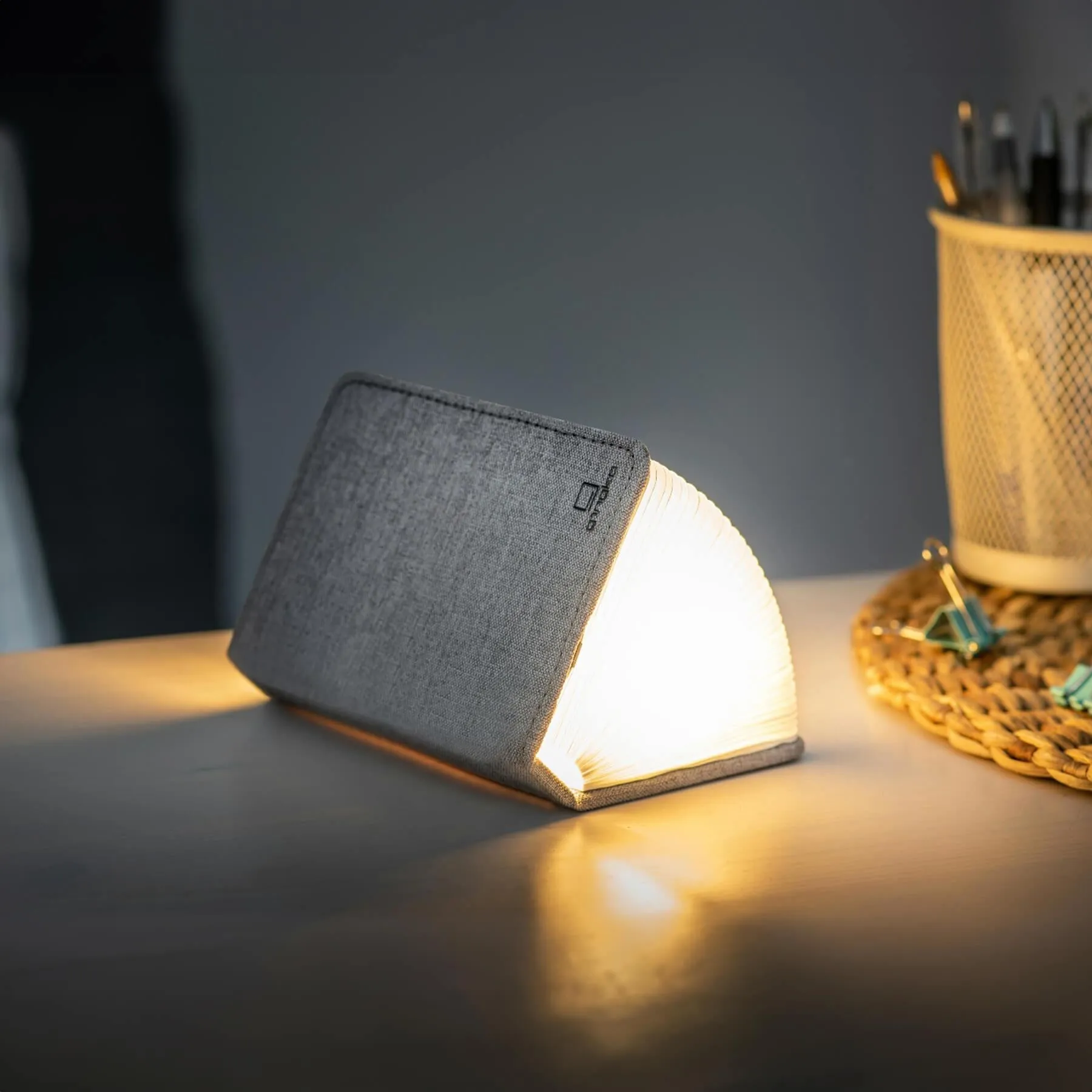 Mini Book Table Lamp with Battery - Grey, Wood