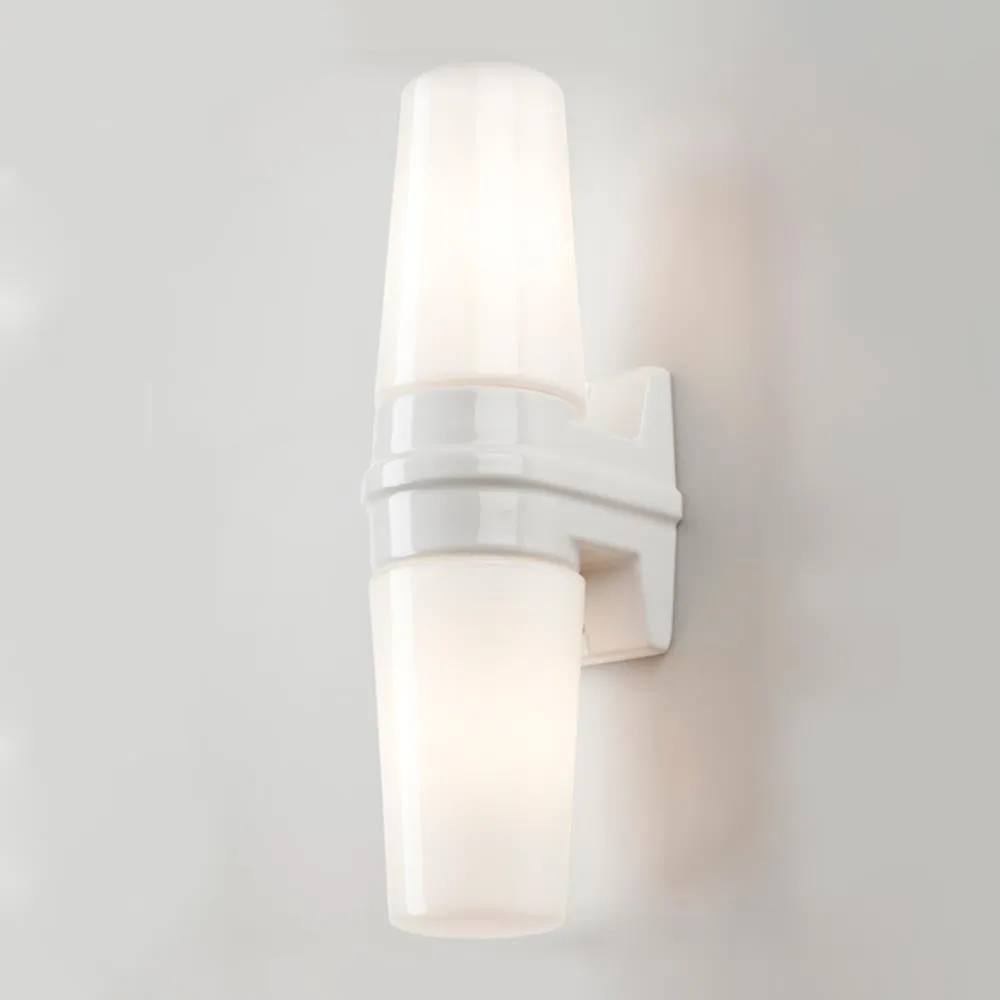 Double Wall Light with Opal Glass - White, Ceramic