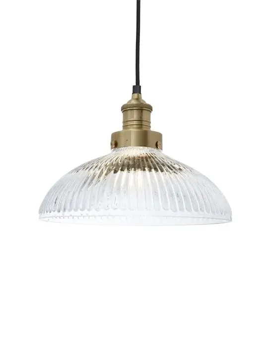 Large Dome Pendant Light - Brass, Ribbed Glass