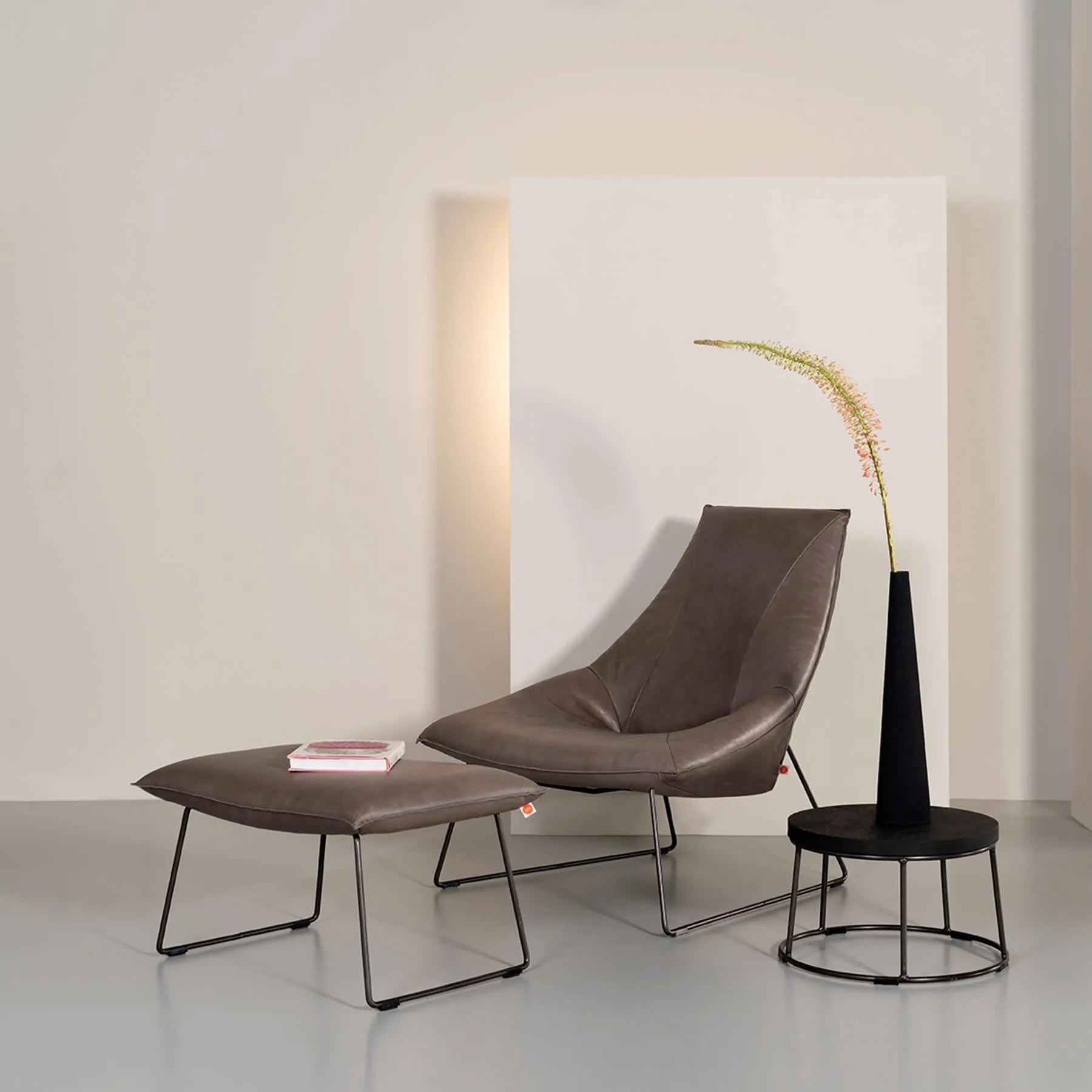 Triangular Footstool with Steel Frame - Grey, Leather