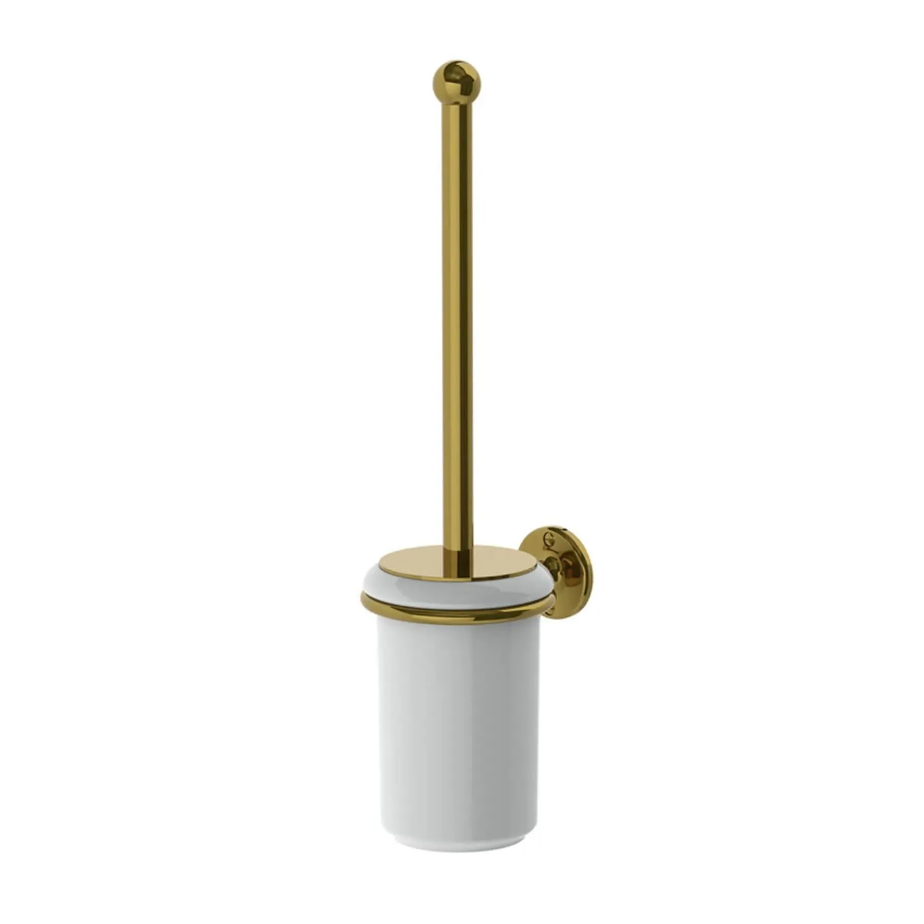Wall Mounted Ceramic Toilet Brush Holder - White, Polished Brass
