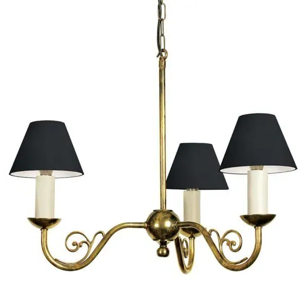 Cottage 3-Branch Pendant Light - Distressed Brass, Black Shades