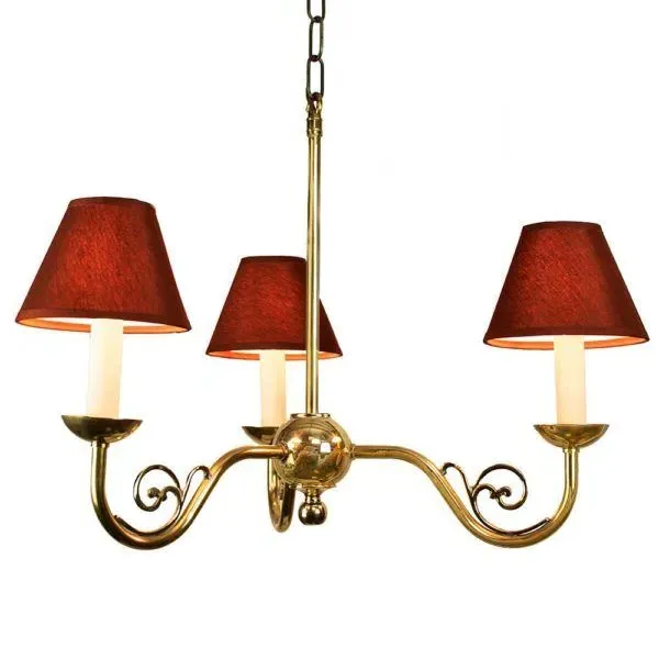 Cottage 3-Branch Pendant Light - Distressed Brass, Red Shades