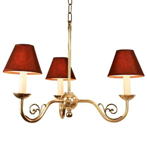 Cottage 3-Branch Pendant Light - Polished Brass, Red Shades