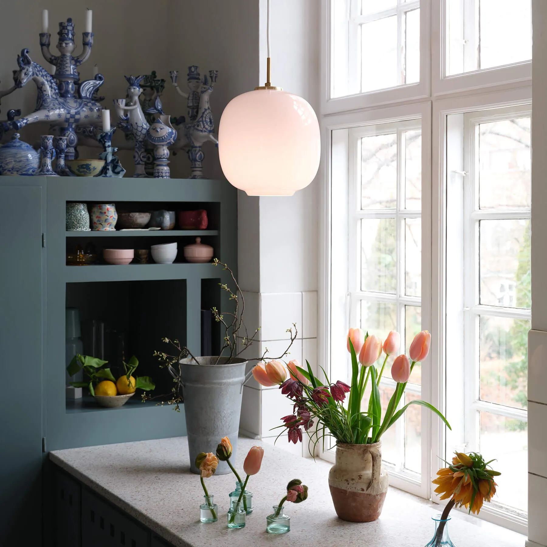 Large Pendant Light - Pale Rose, Opal Glass