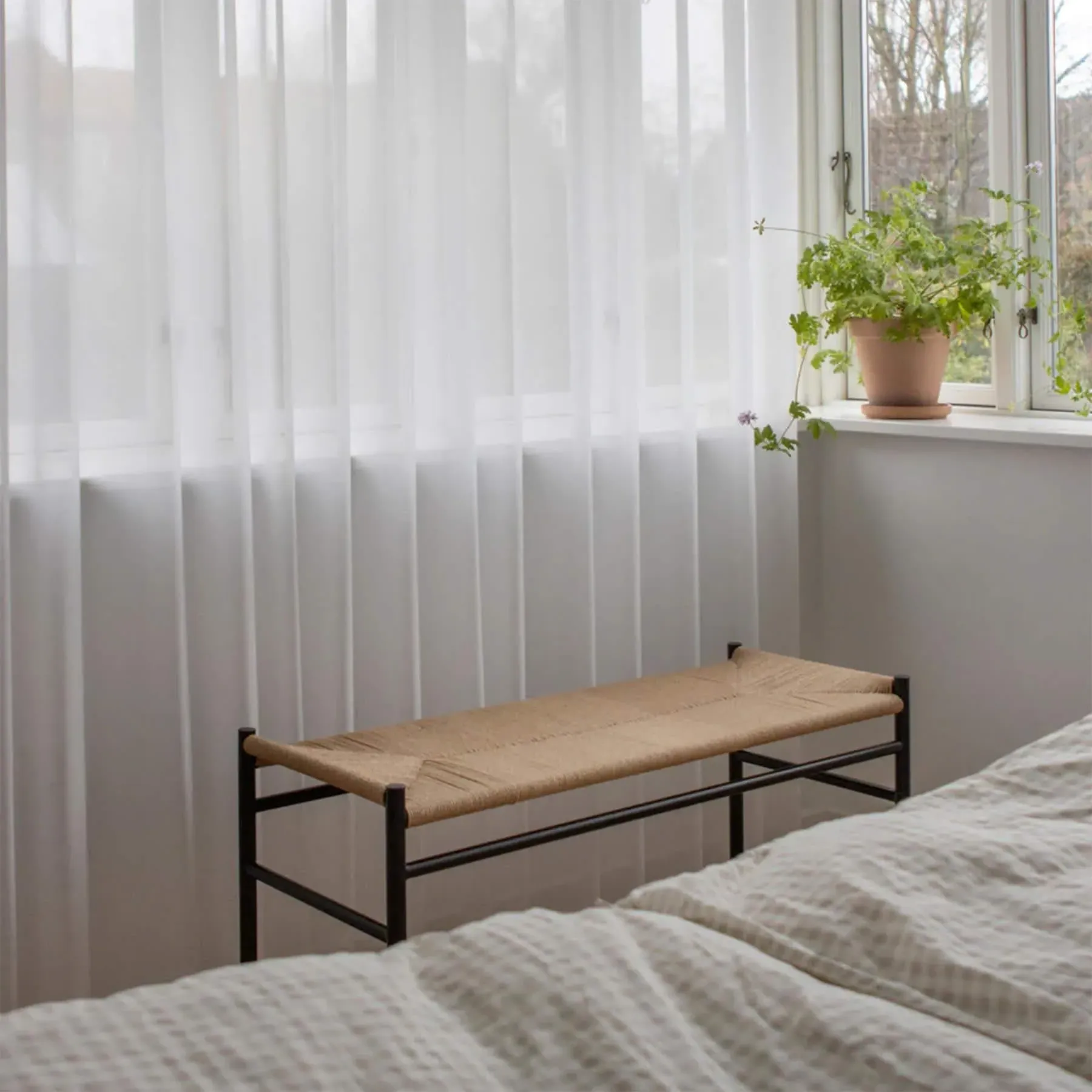 Cord Bench with Paper Braid Weave - White, Steel