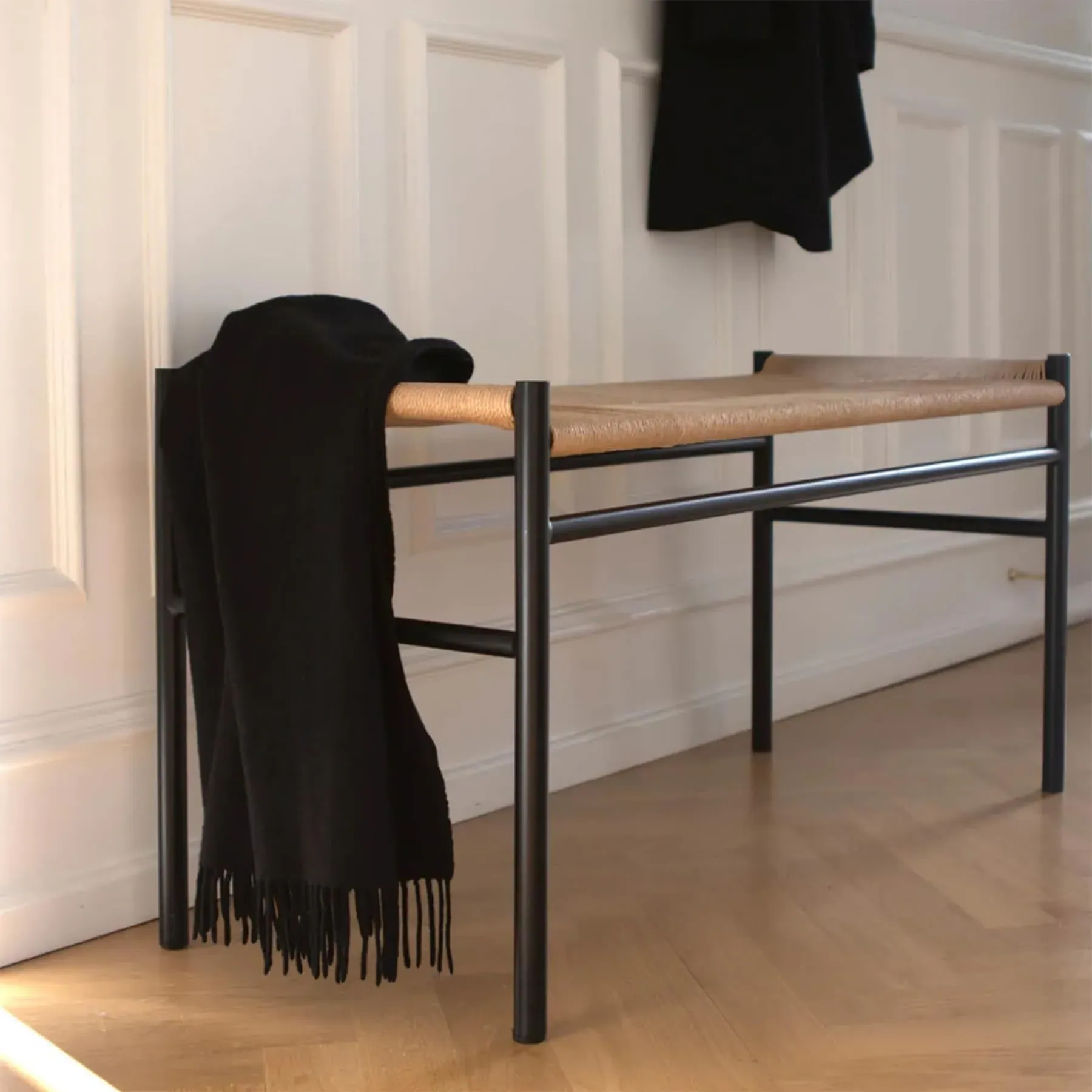 Cord Bench with Paper Braid Weave - White, Steel