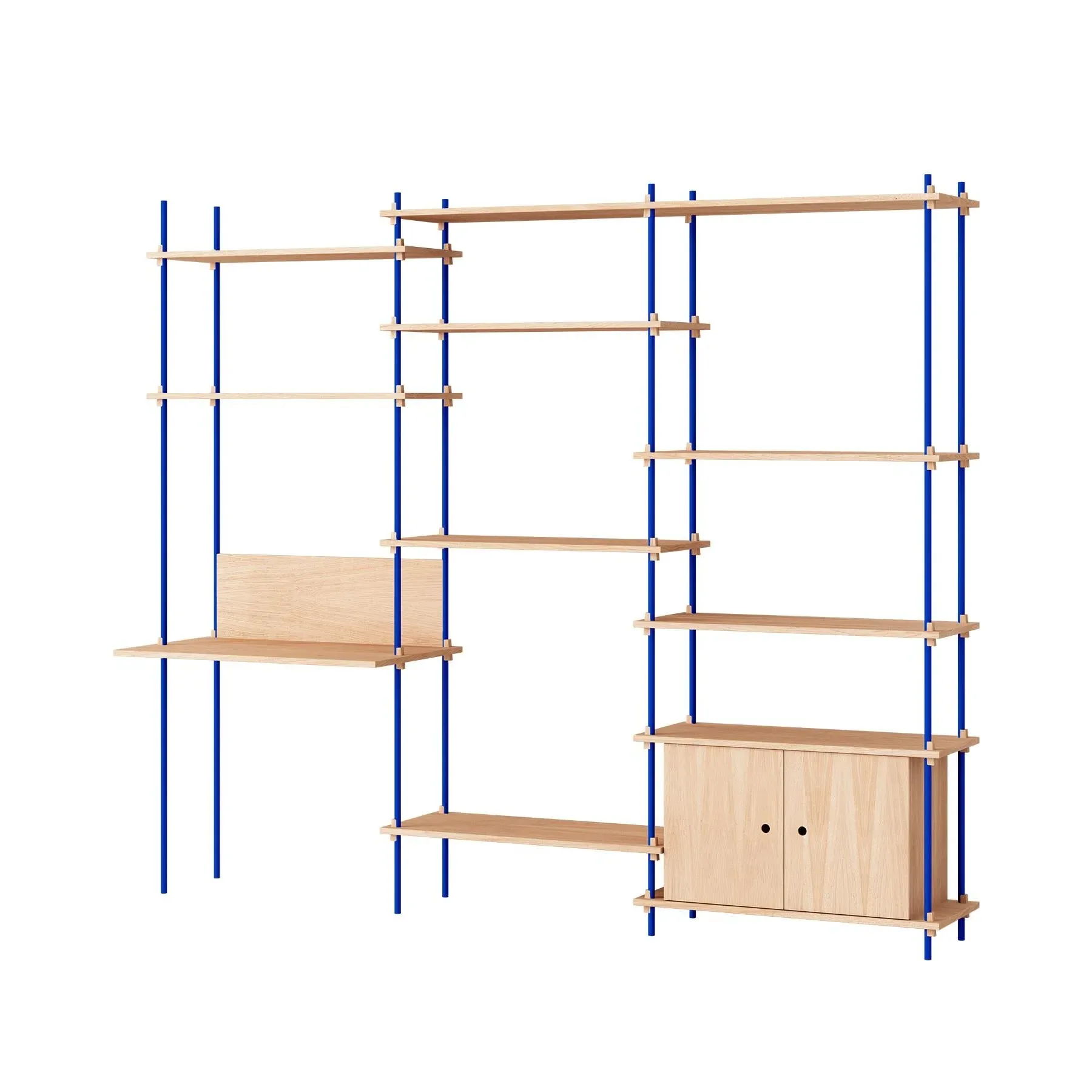 MOEBE Triple Shelving System with Cabinet and Desk - Oak, Blue