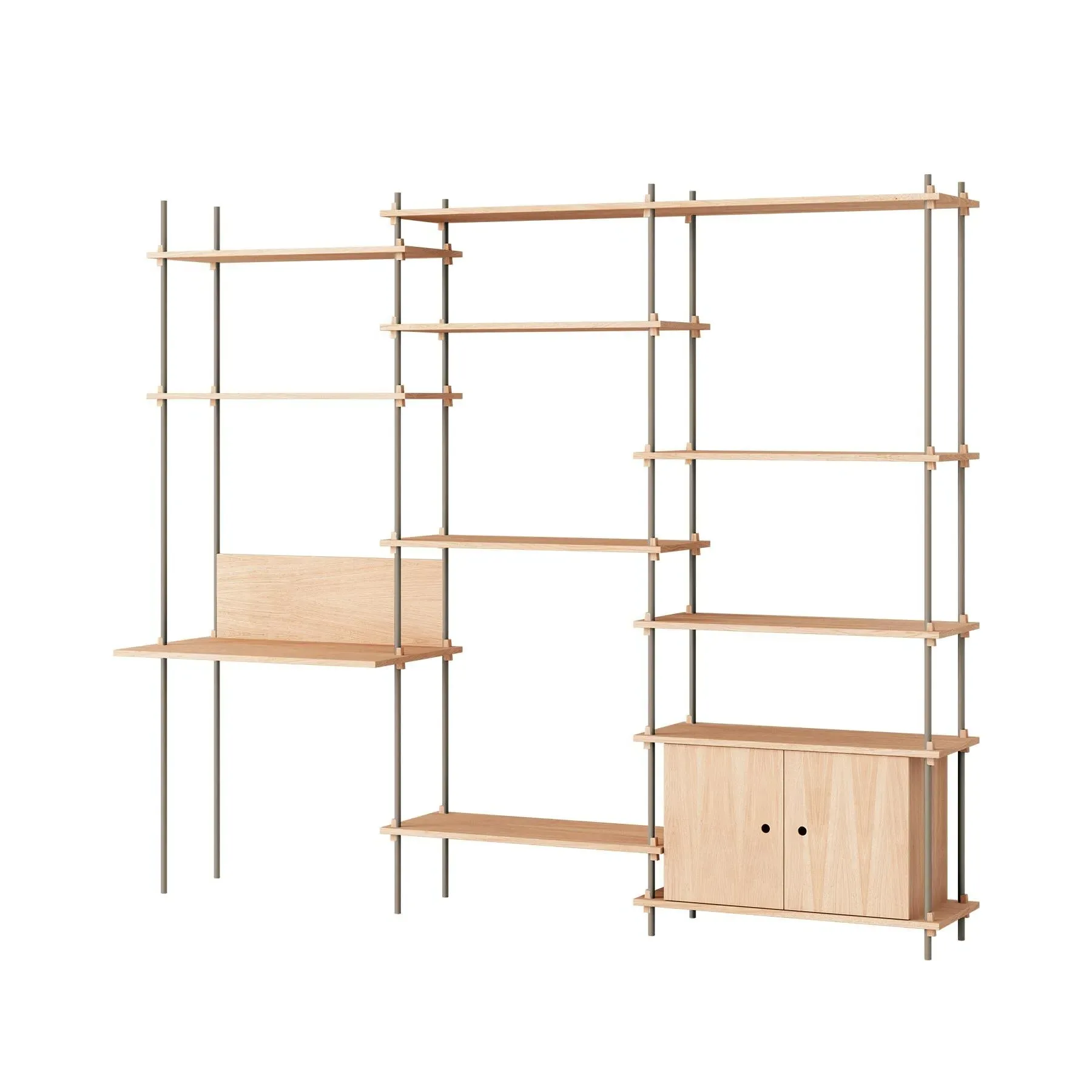 MOEBE Triple Shelving System with Cabinet and Desk - Oak, Warm Grey