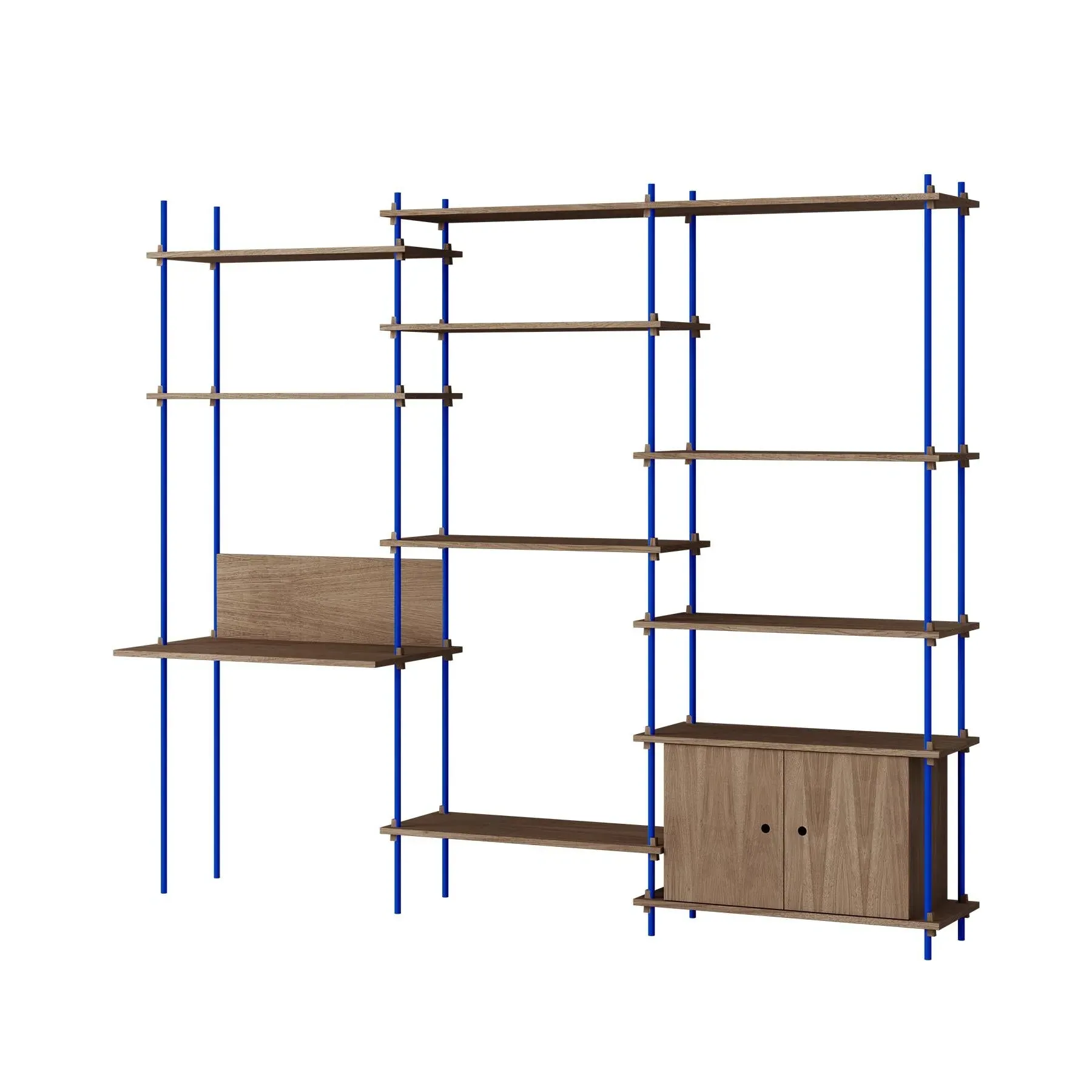 MOEBE Triple Shelving System with Cabinet and Desk - Smoked Oak, Blue