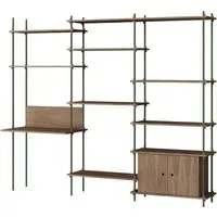 MOEBE Triple Shelving System with Cabinet and Desk - Smoked Oak, Pine Green
