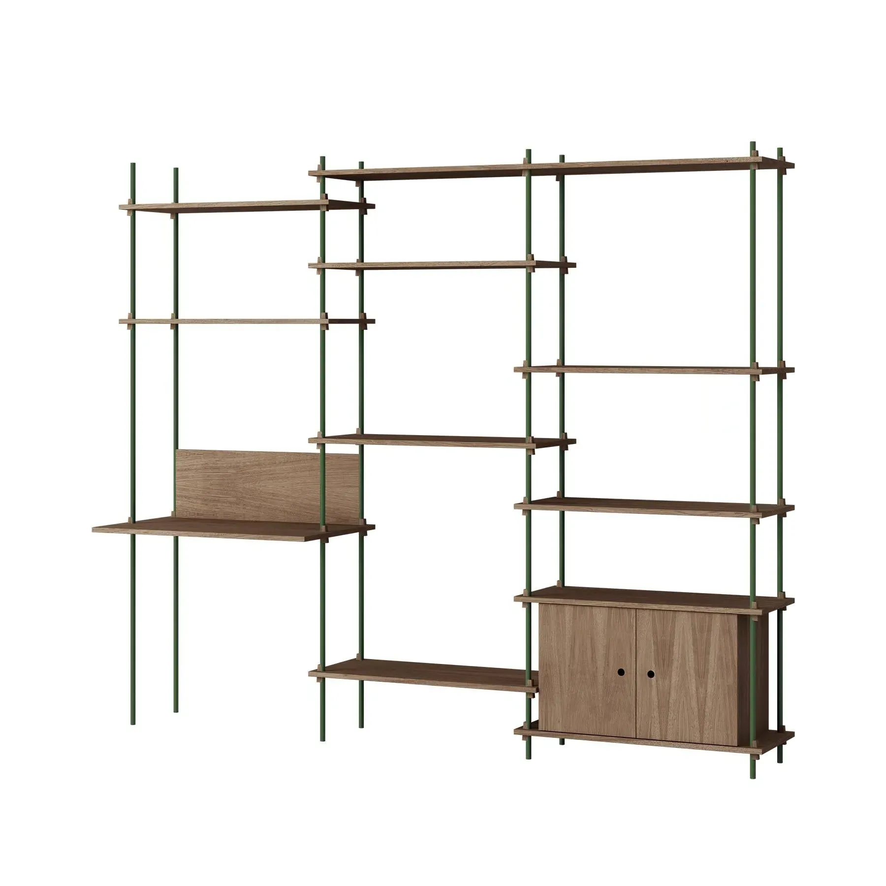 MOEBE Triple Shelving System with Cabinet and Desk - Smoked Oak, Pine Green