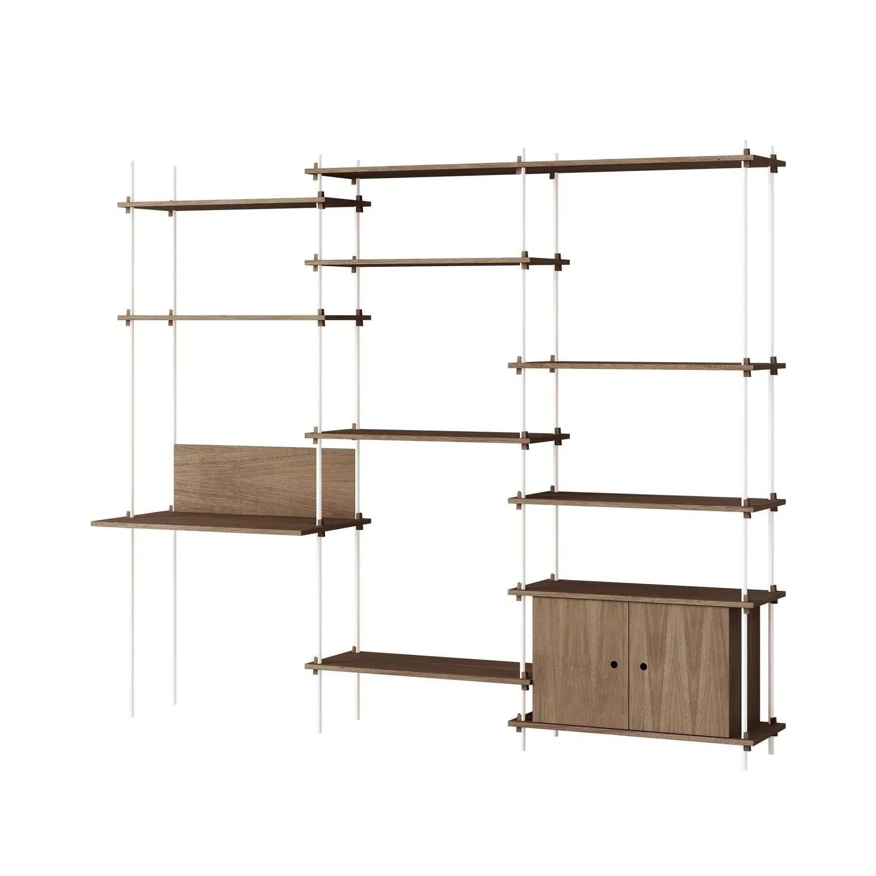 MOEBE Triple Shelving System with Cabinet and Desk - White, Smoked Oak