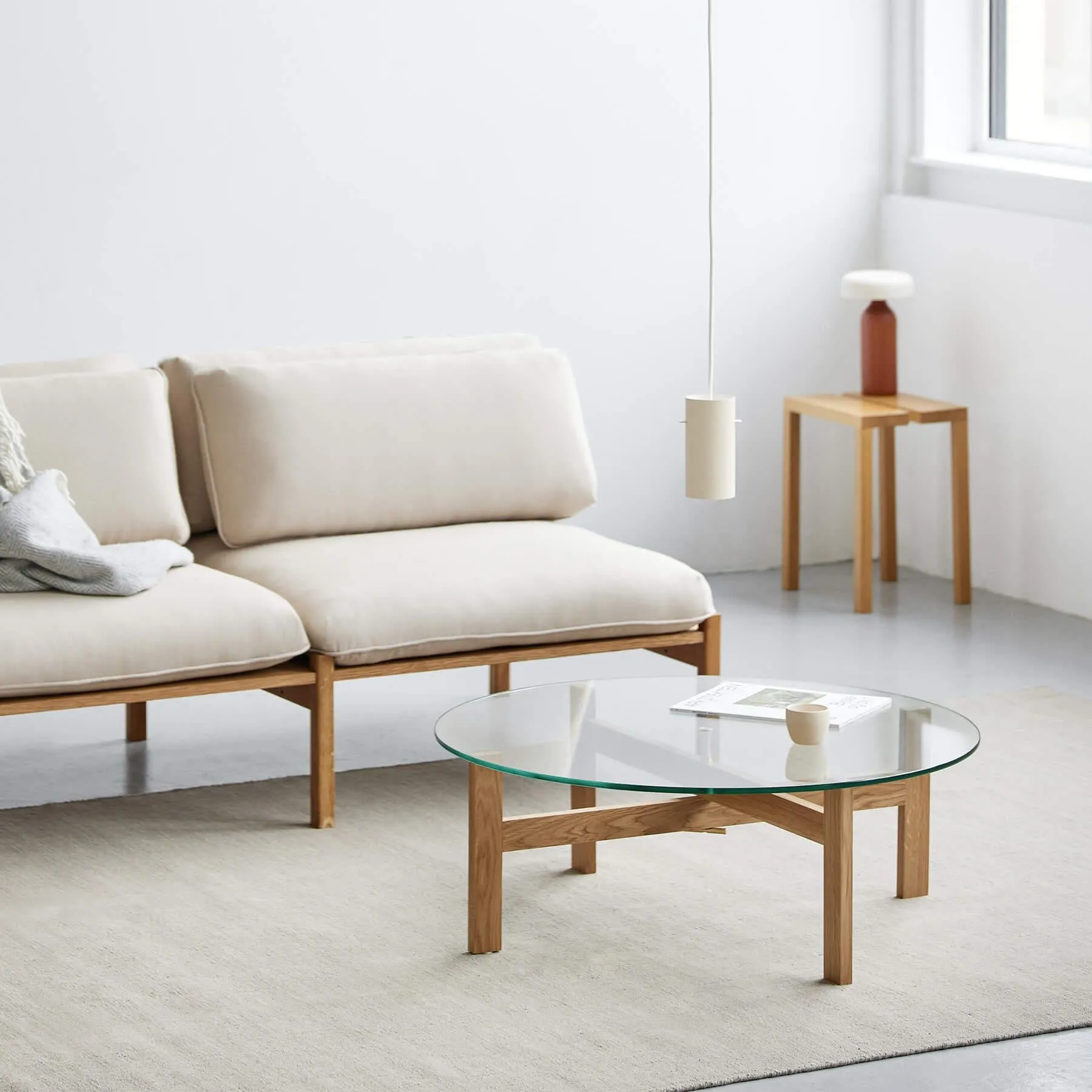 Round Coffee Table with Glass Top - Oak, Wood