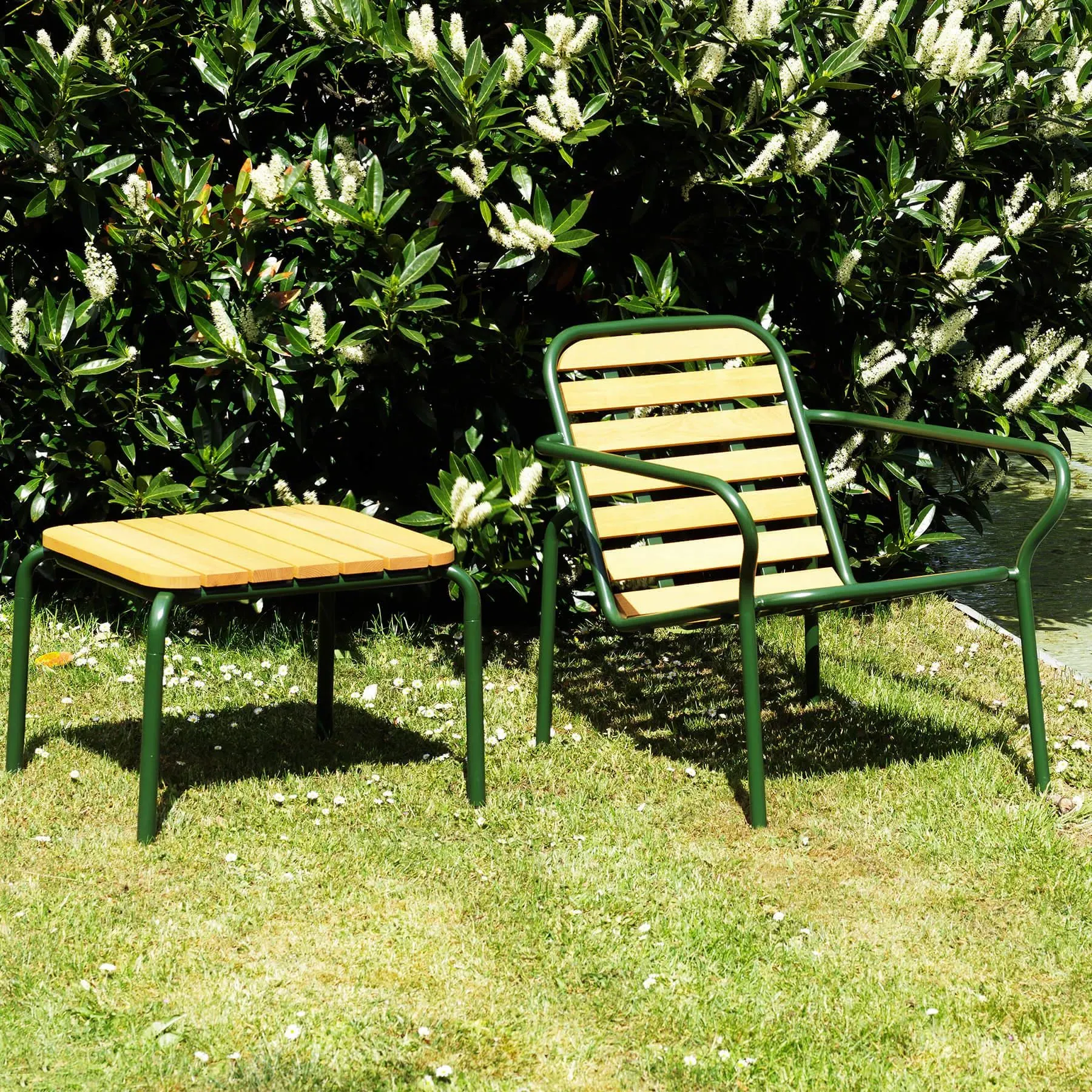 Garden Table - Dark Green, Steel & Robinia Wood
