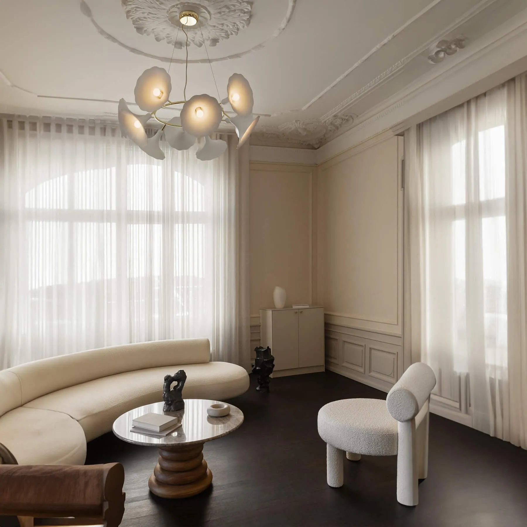 10-Light Chandelier with Floral Shades - Brass