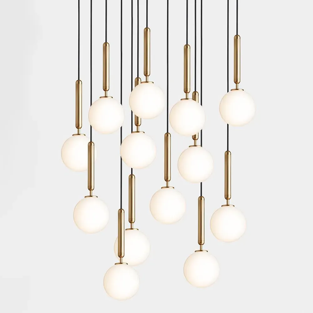 13-Light Cluster Pendant - Brass, Opal Glass