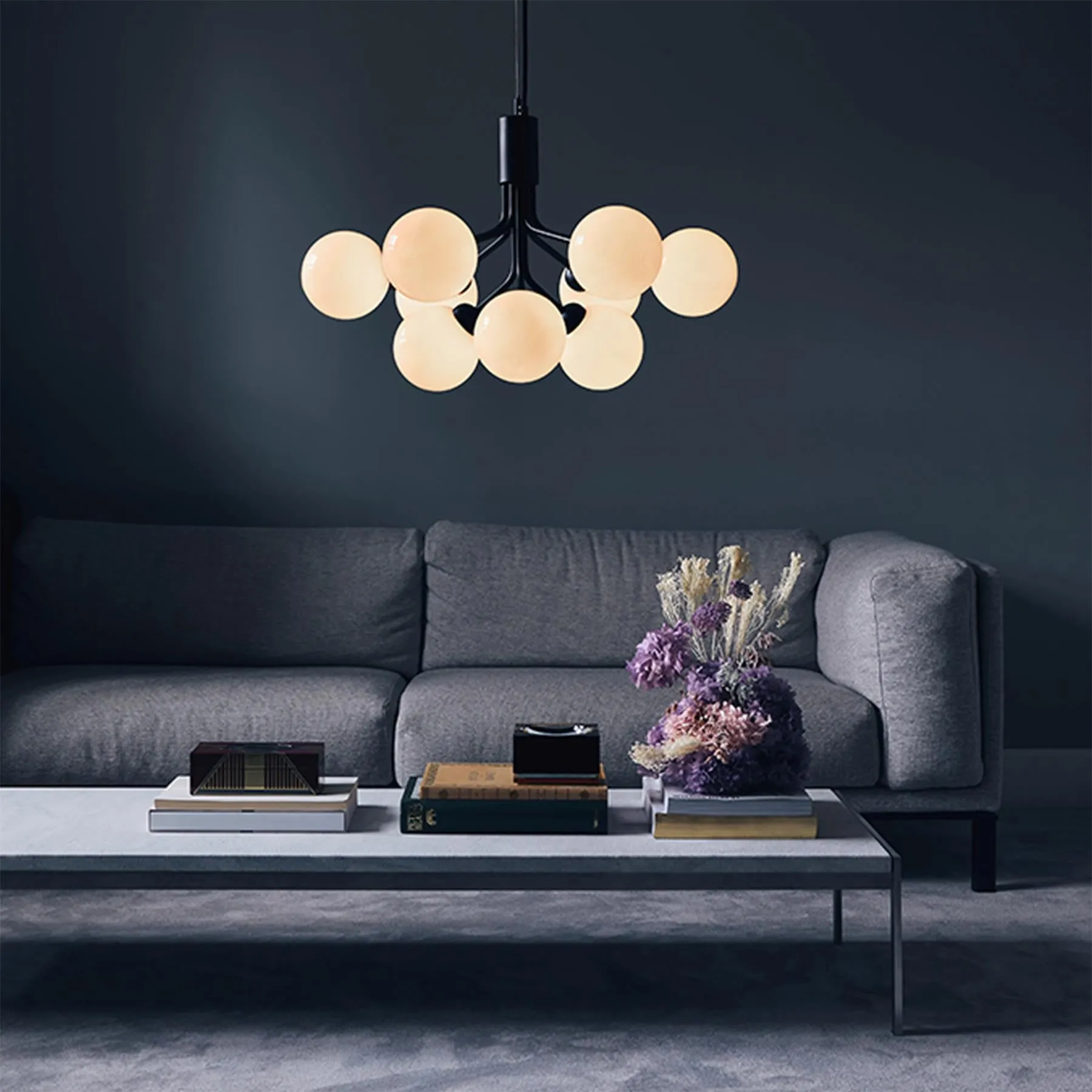 18-Globe Chandelier with Black Frame - Opal, Glass