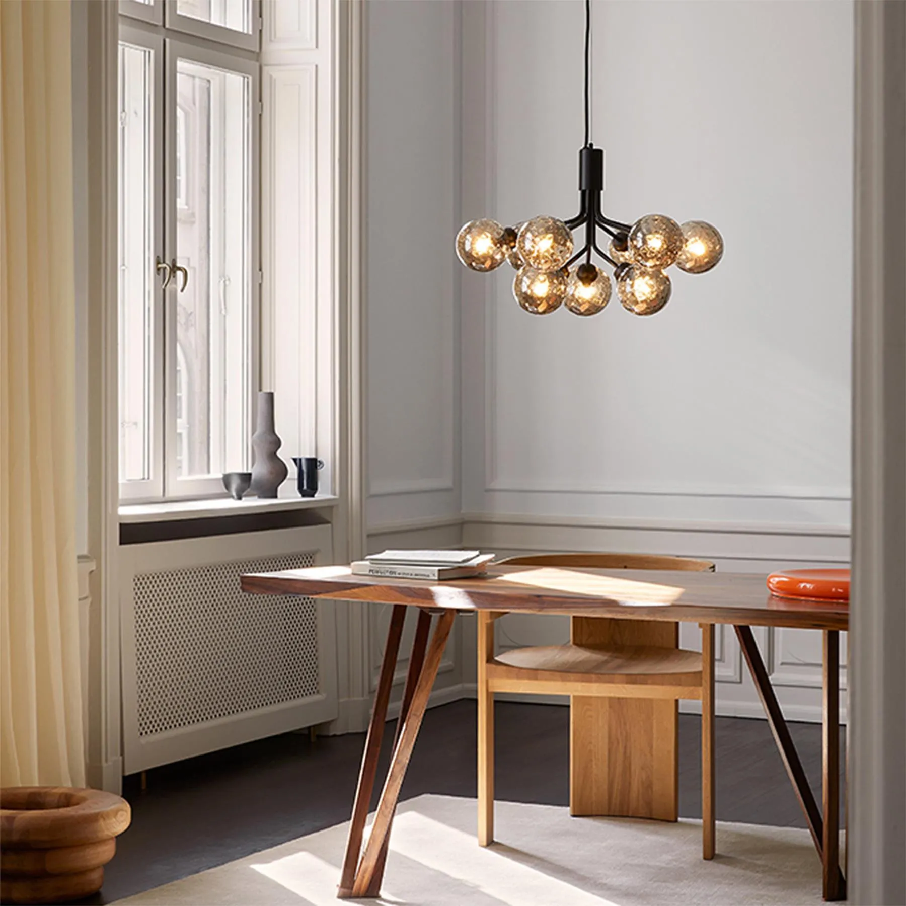 9-Globe Chandelier with Brass Frame - Opal Glass