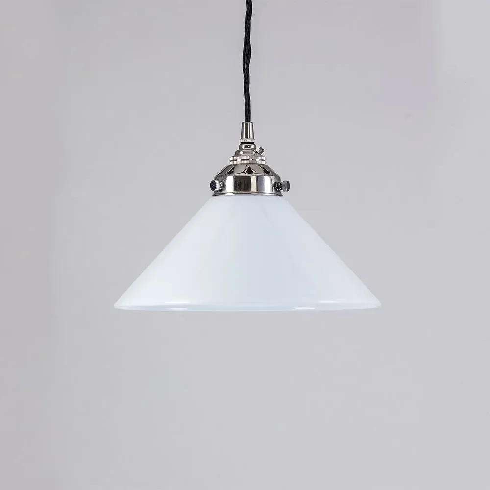 Large Conical Pendant Light - Nickel, Opal Glass