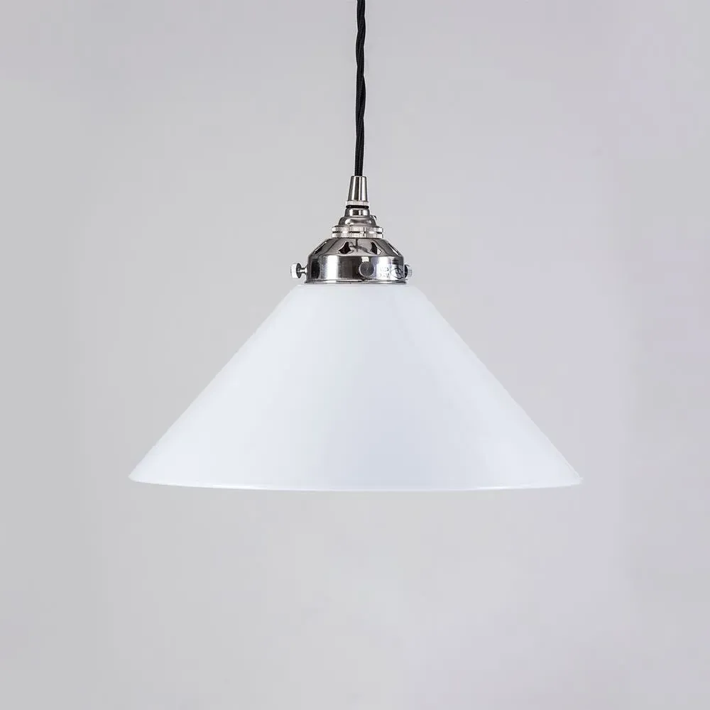 Large Conical Pendant Light - Nickel, Opal Glass