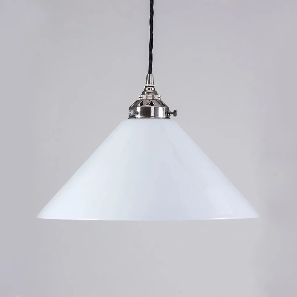 Large Conical Pendant Light - Nickel, Opal Glass