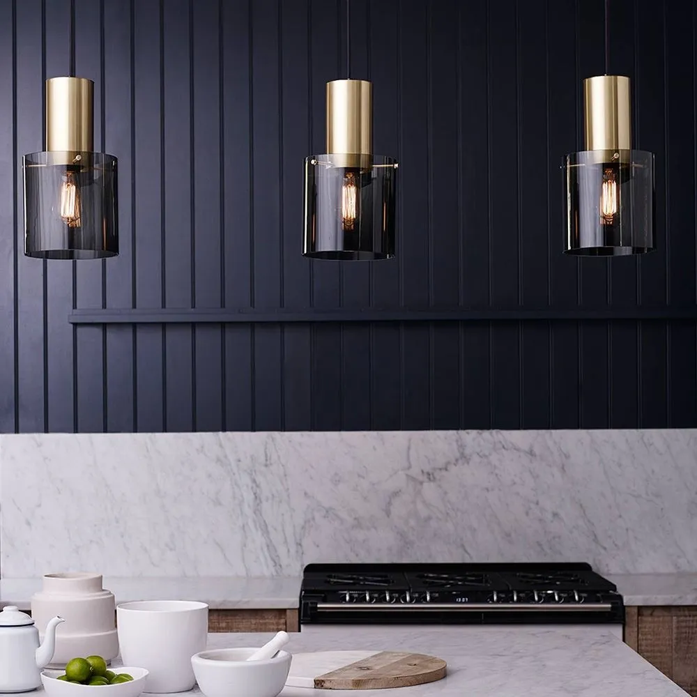 Large Pendant Light with Anthracite Glass - Brass