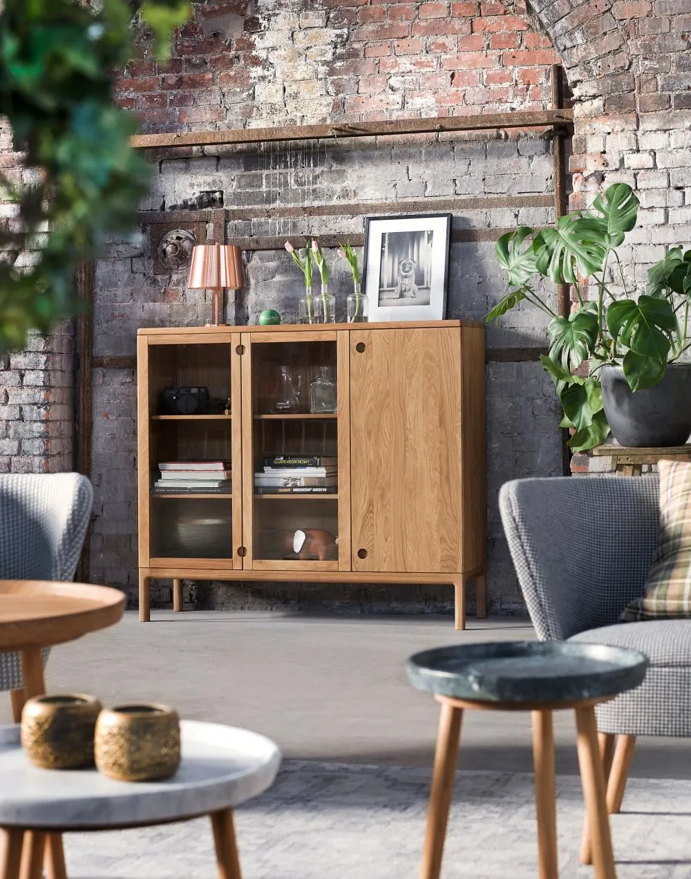 High Sideboard with Glass Doors - Oak