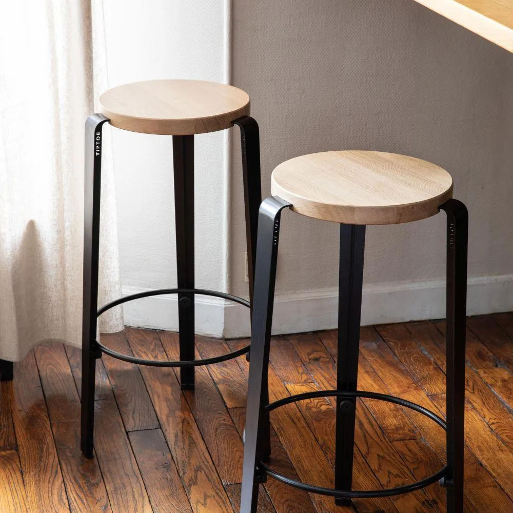 Counter Height Stool with Wooden Seat - Grey