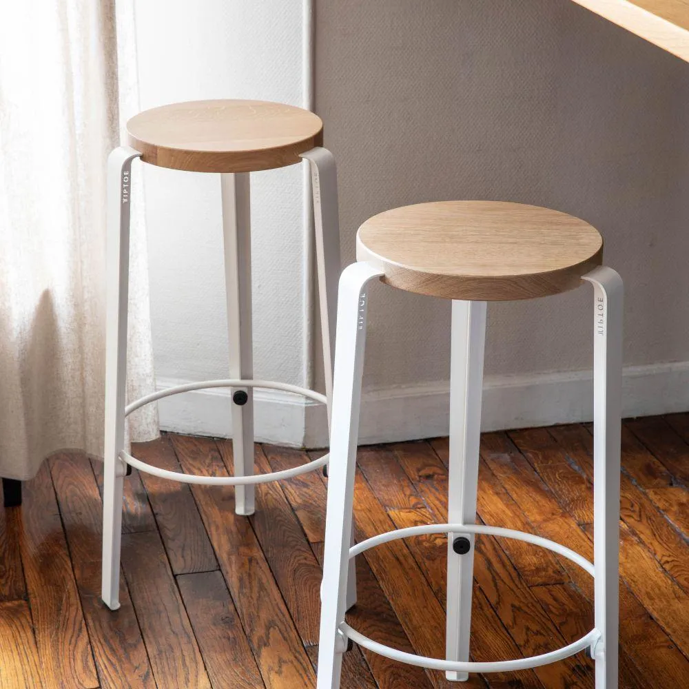 Counter Height Stool with Wooden Seat - White