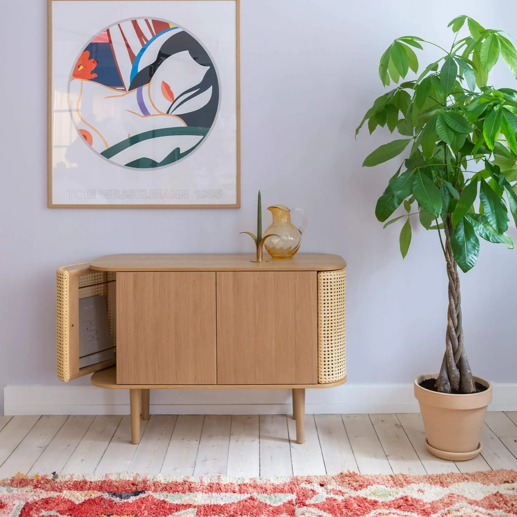3-Door Cabinet with Cane Panels - Oak, Veneer