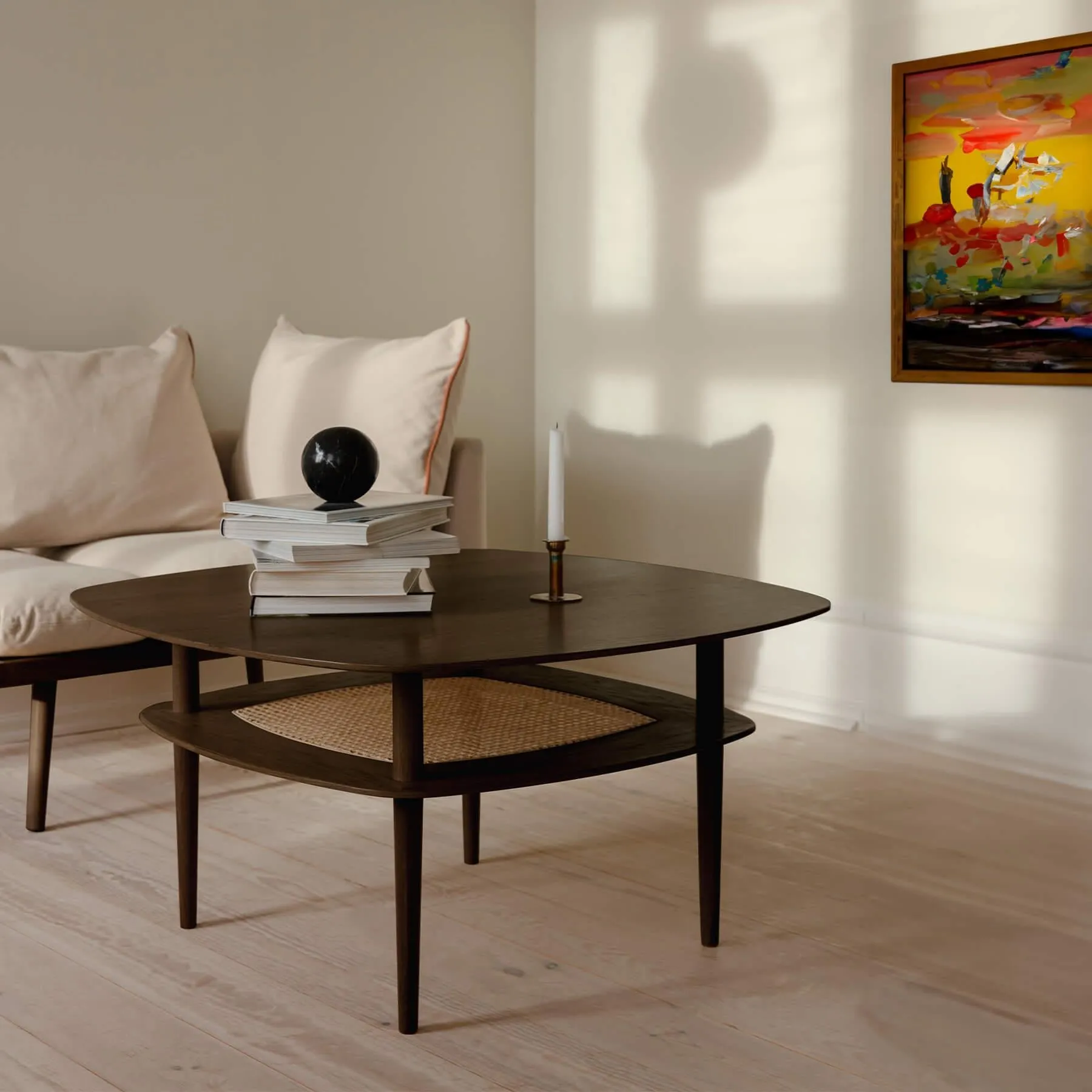 Square Coffee Table - Black Oak, Cane Shelf