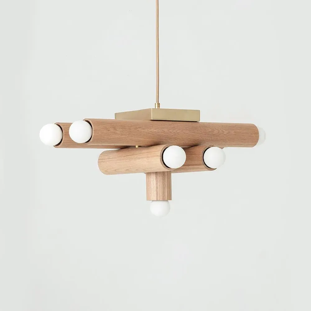 Small Pendant Light with 9 Bulbs - White, Wood