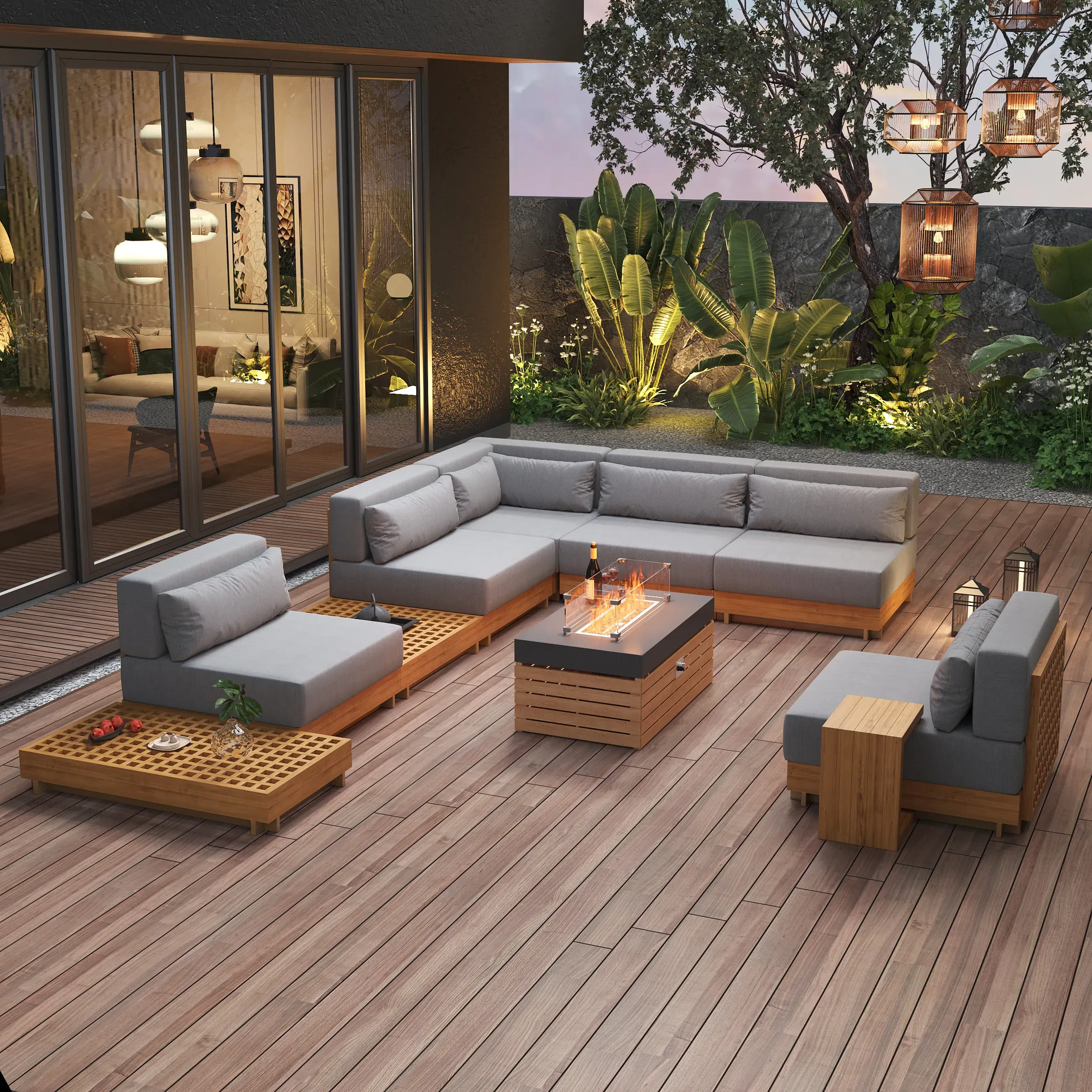 10 PCS Teak Modular L-Shaped Outdoor Sofa Set with Fire Pit image