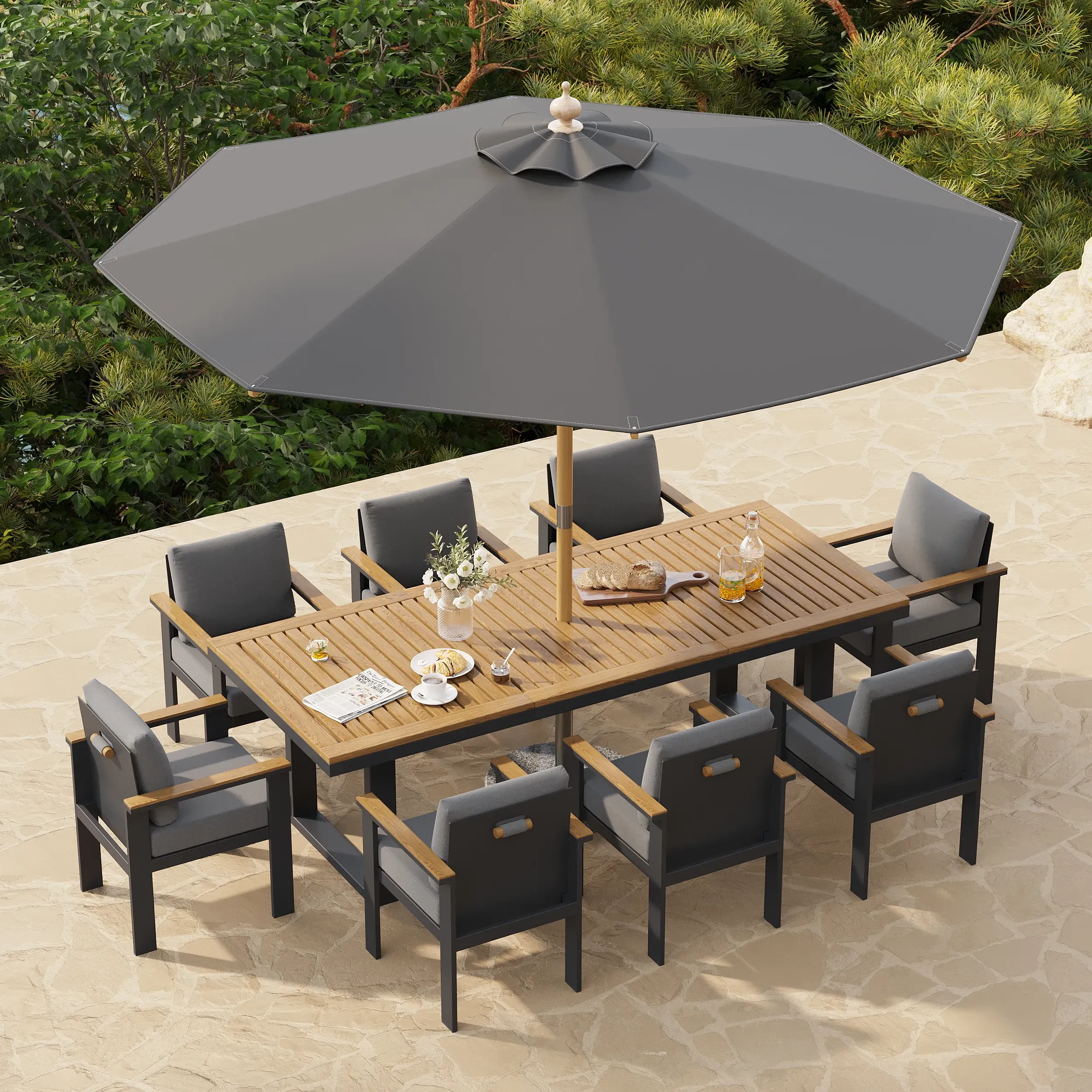 10-Piece Rectangle Outdoor Dining Set with Umbrella - Teak, Aluminum