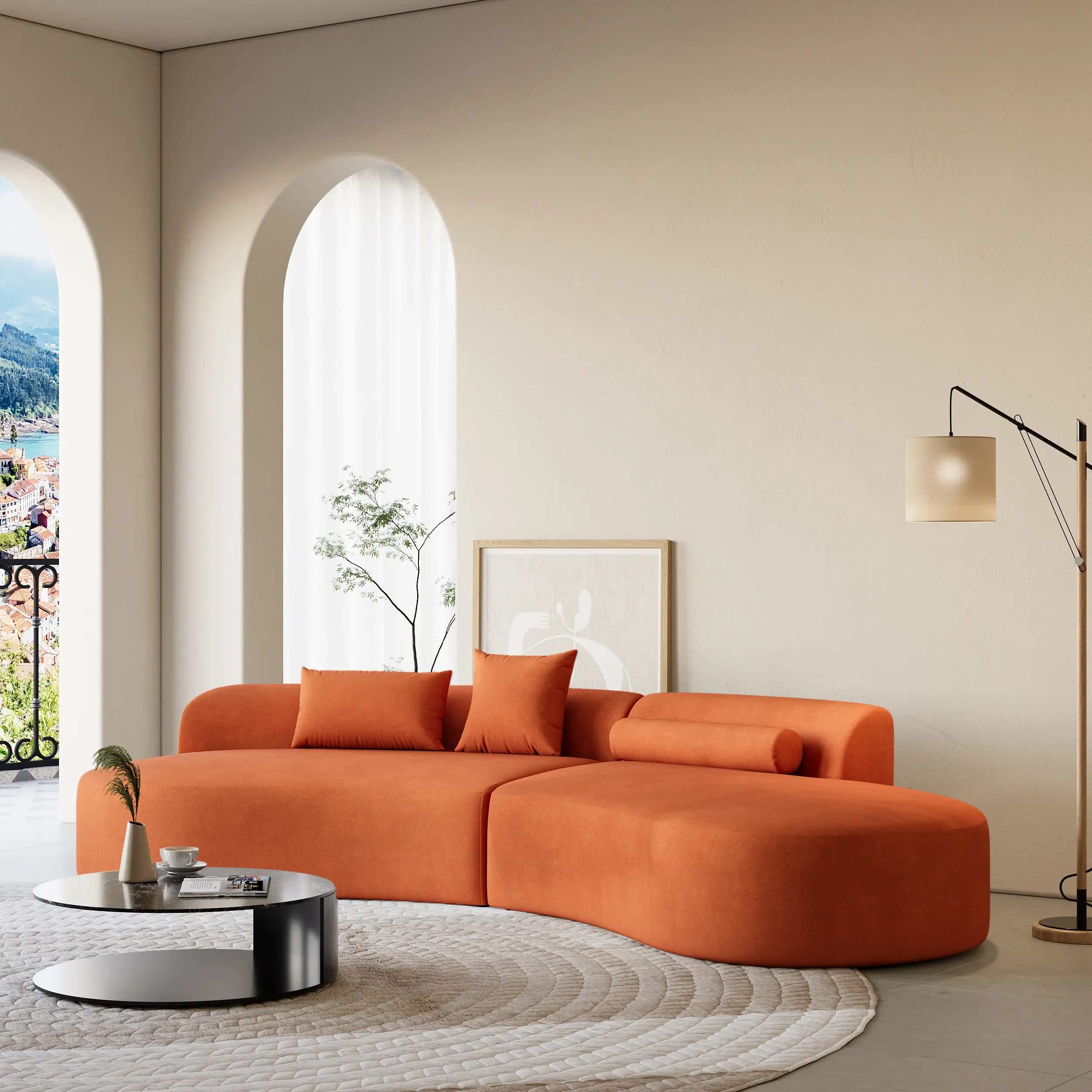 109 Curved 4-Seater Sectional Sofa with Chaise - Orange, Velvet