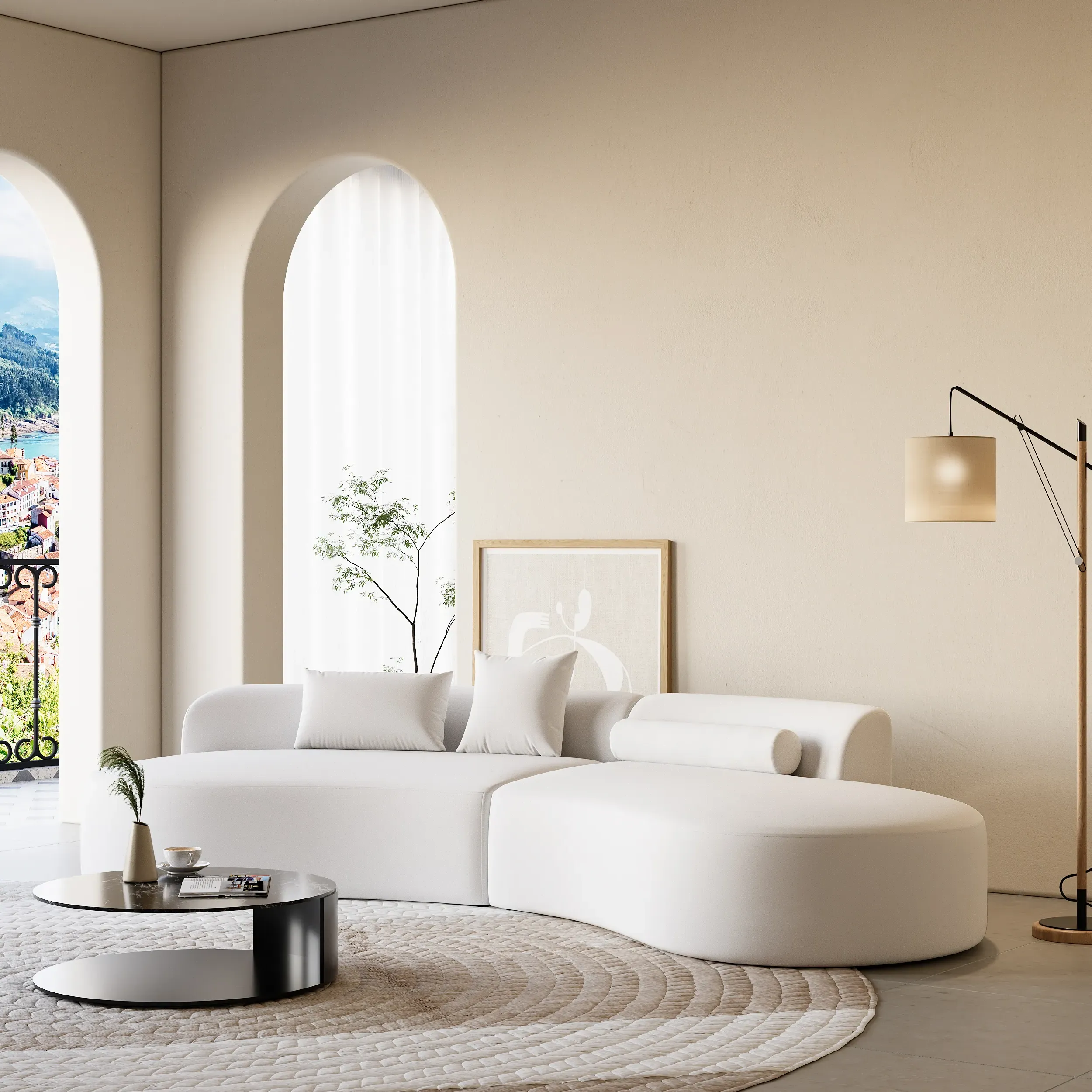 109" Curved Sectional Sofa 2 Piece 4-Seater - White, Leather