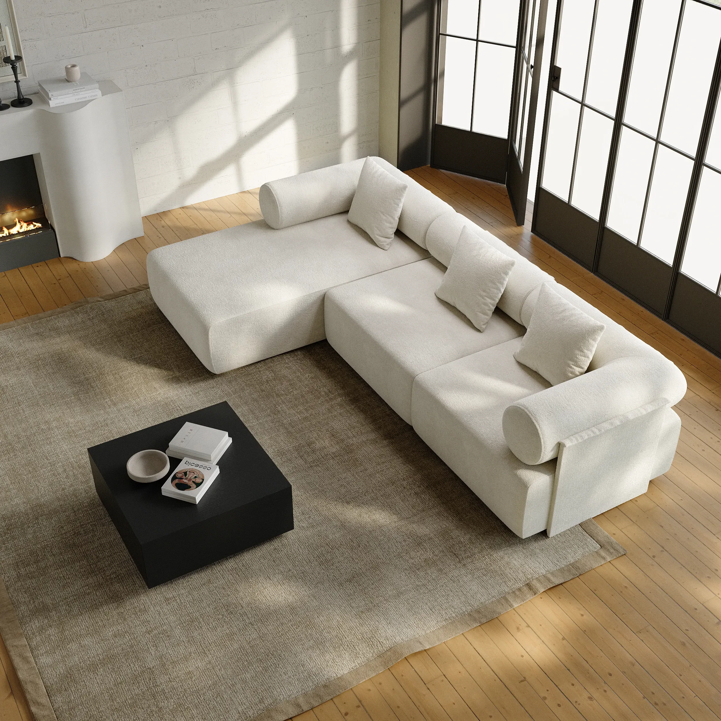 110 3-Piece L-Shaped Sectional Chaise Sofa - White, Chenille Velvet