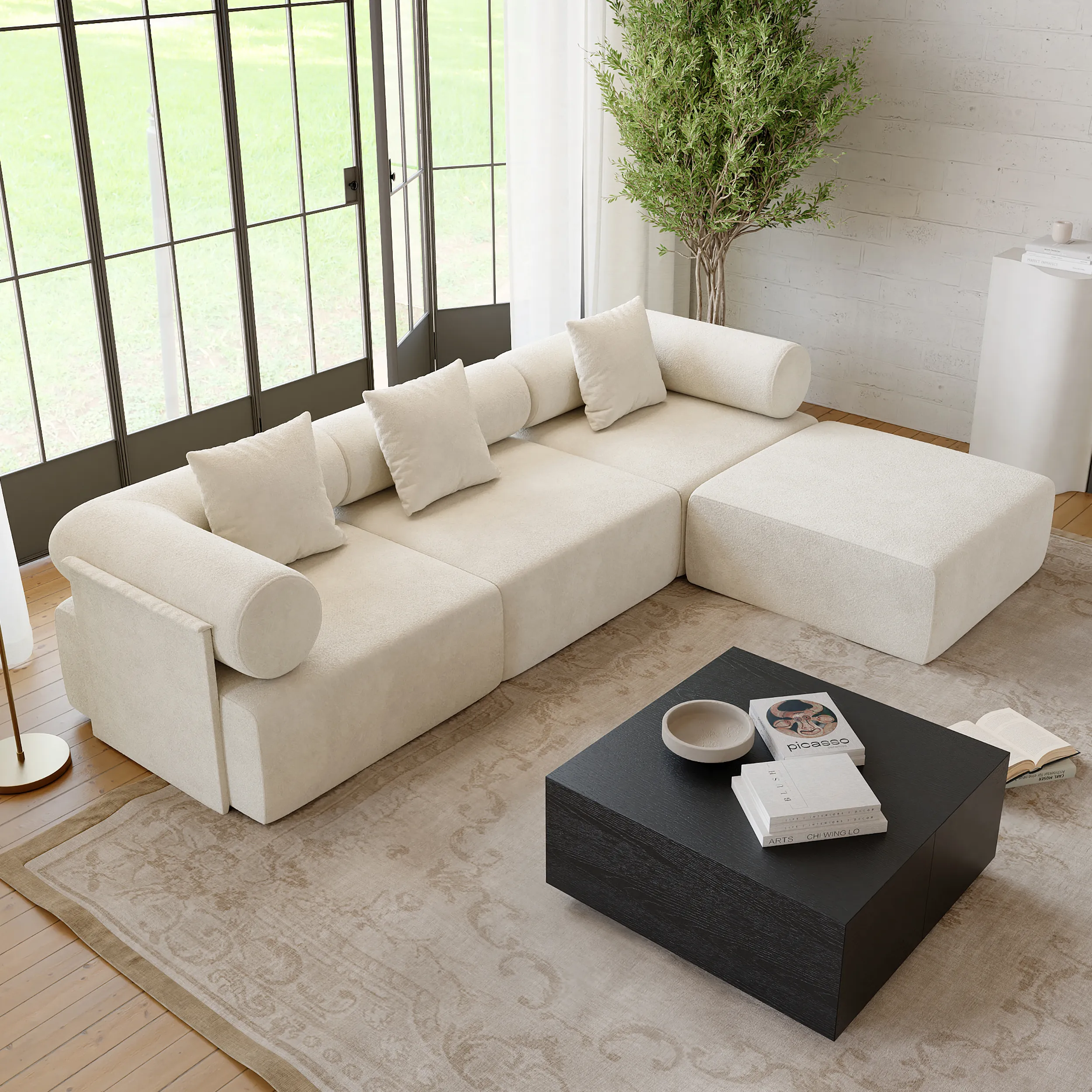 110 4-Piece L-Shaped Sectional Sofa with Ottoman - White, Chenille