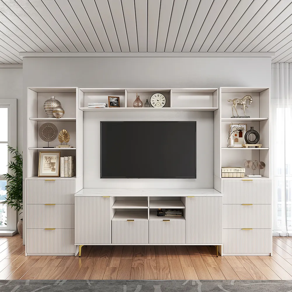 114.2" Fluted Wood 4-Piece Entertainment Center with Bookshelf - White
