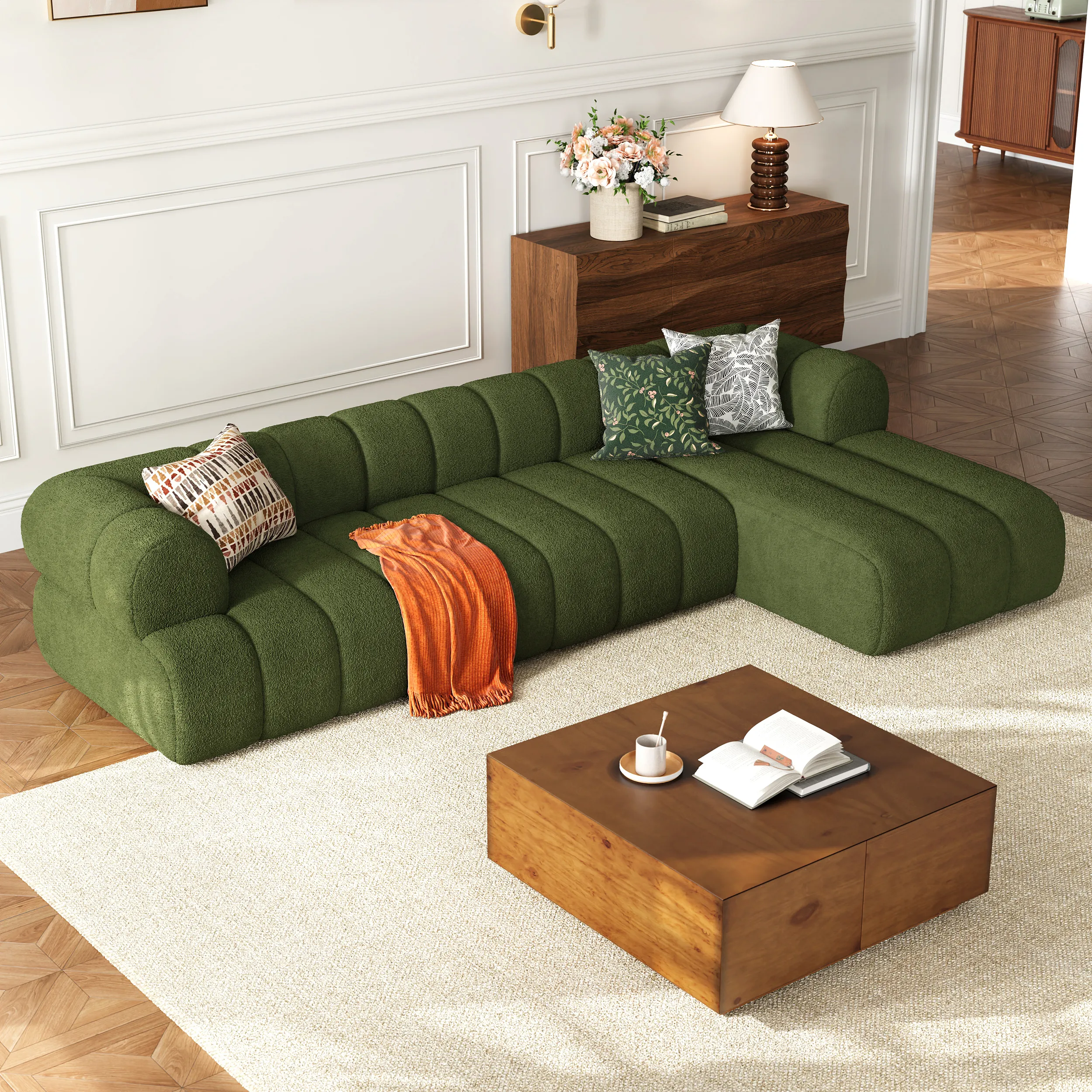 118" Channeled L-Shaped Sectional Sofa with Chaise - Green, Chenille Velvet