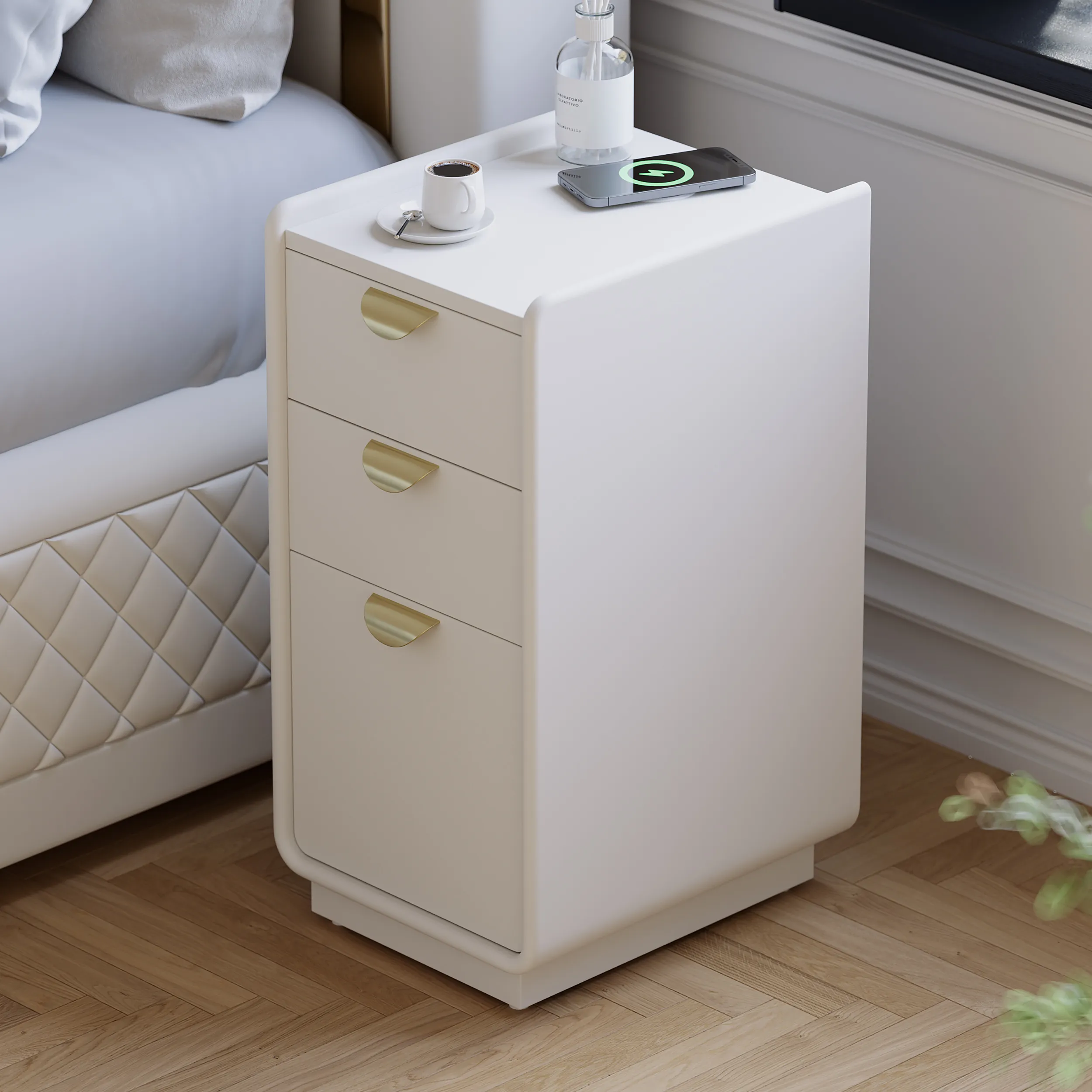 12" Narrow Nightstand with Wireless Charger - White, Leather image