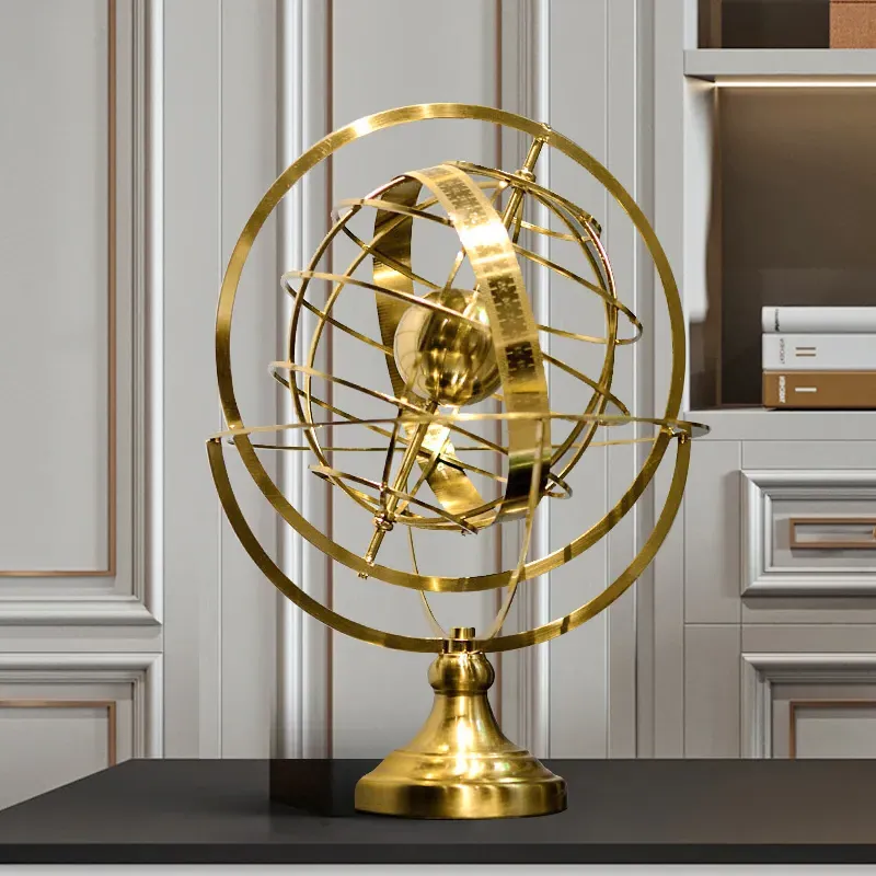 15 Inch Globe Ornament Sculpture - Gold, Metal