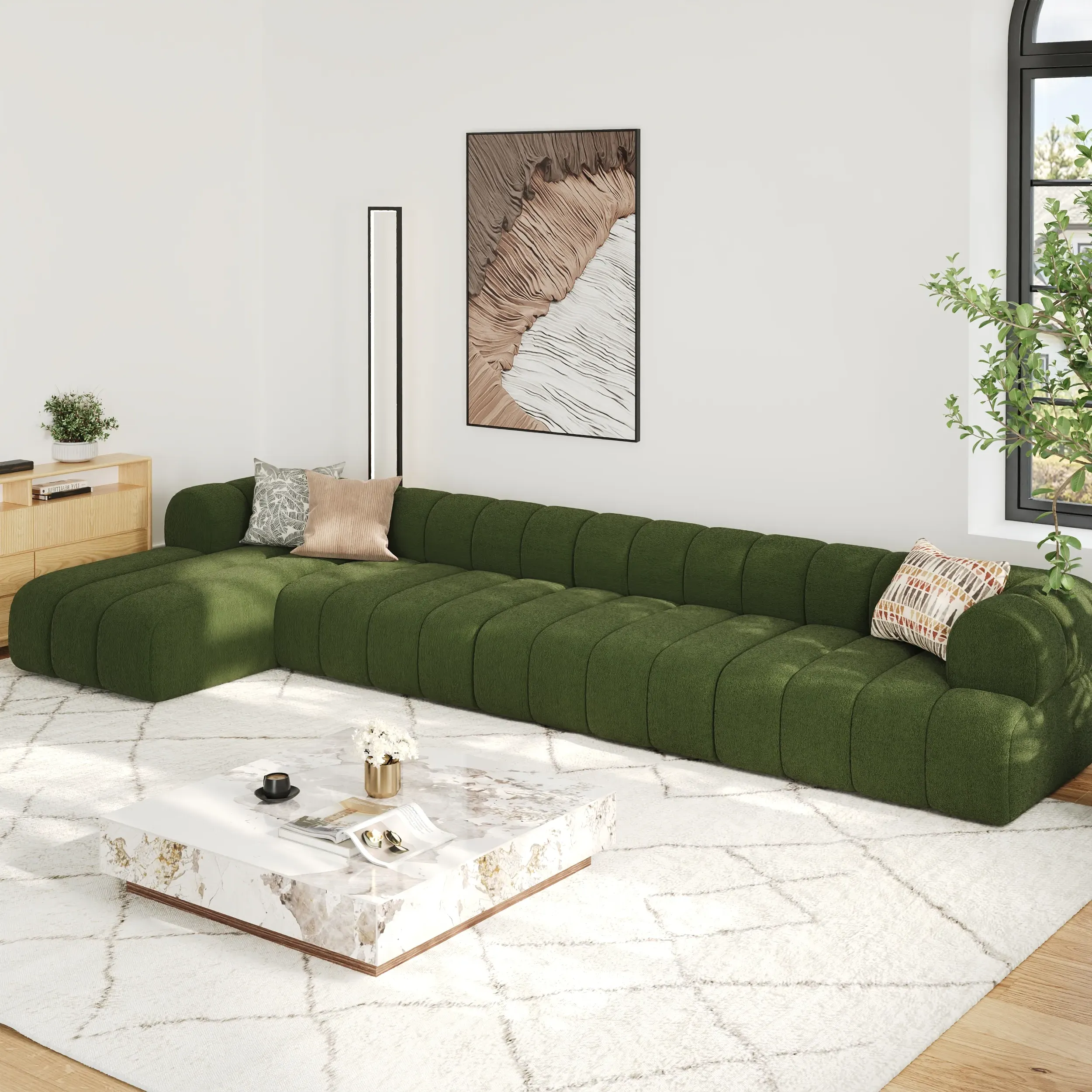 157" Channeled L-Shaped Sectional Sofa with Chaise - Chenille Velvet