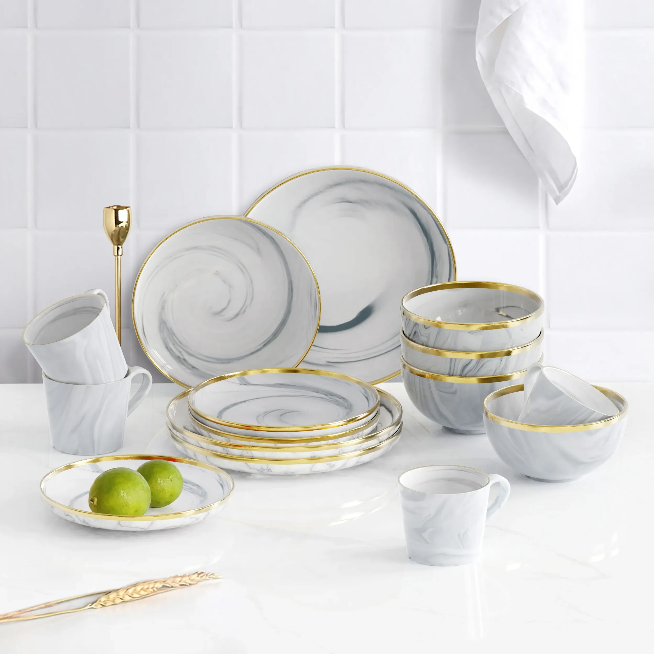 16-Piece Dinnerware Set with Mugs - White & Gray, Ceramic image