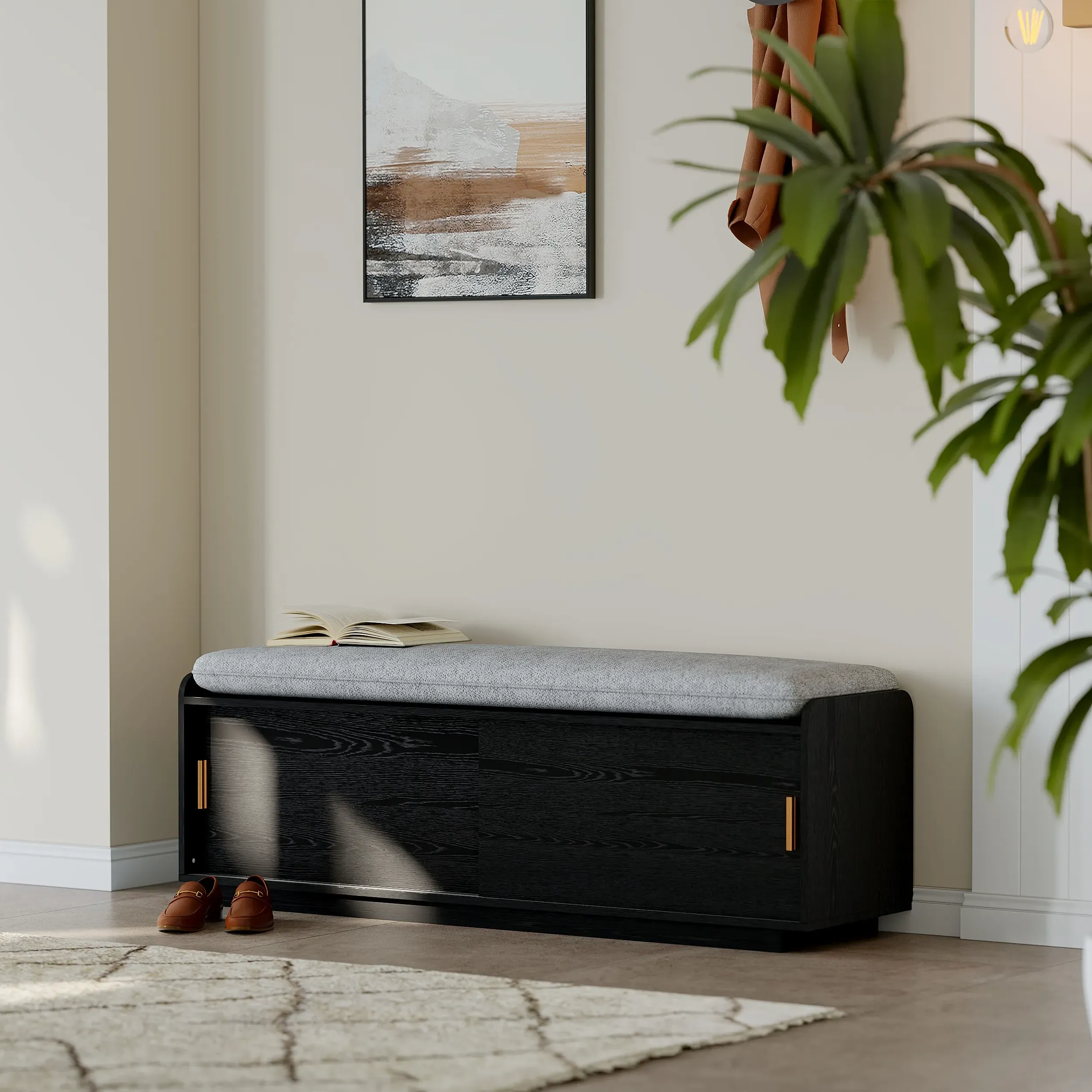 2-Door Storage Bench with Shoe Rack - Black, Engineered Wood image