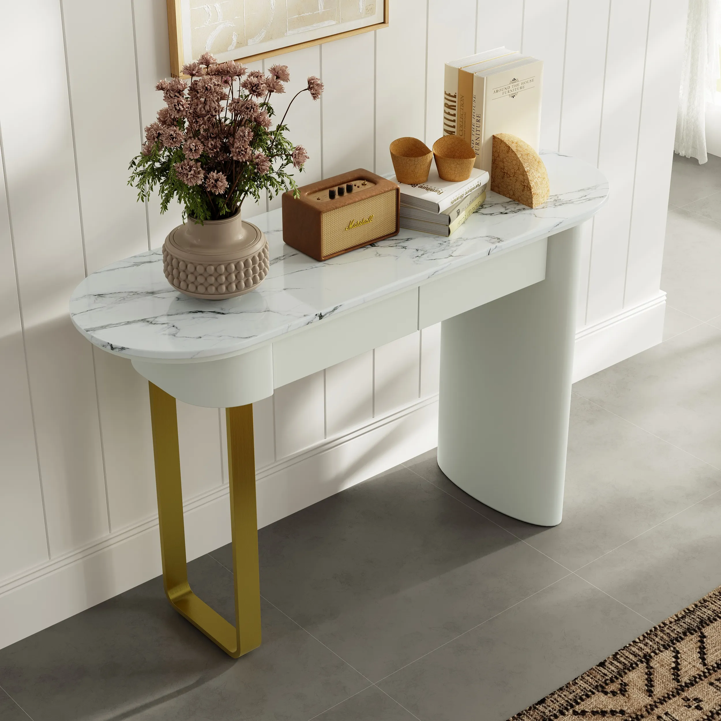 2-Drawer Console Table - White, Marble