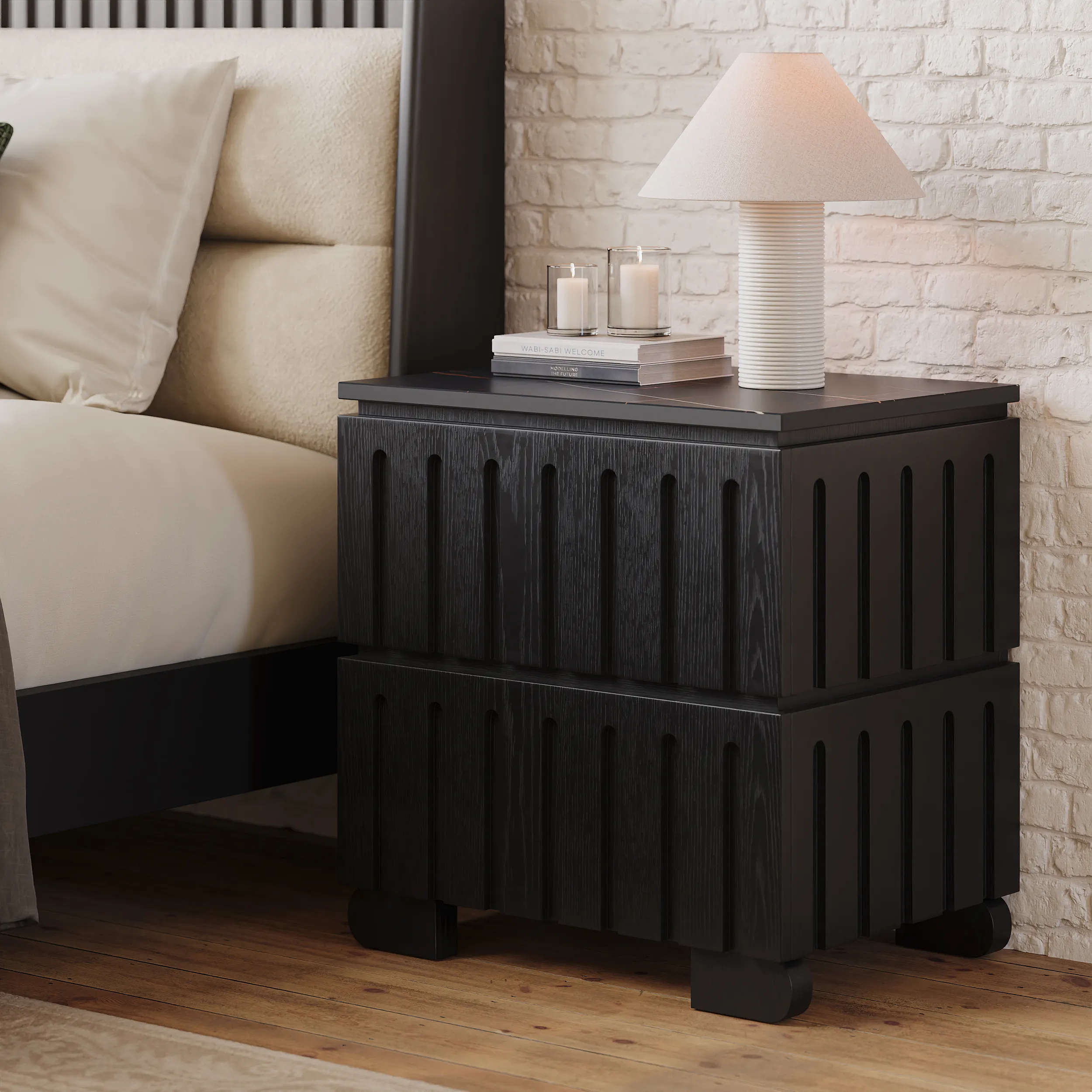 2-Drawer Nightstand - Ash Wood, Sintered Stone image